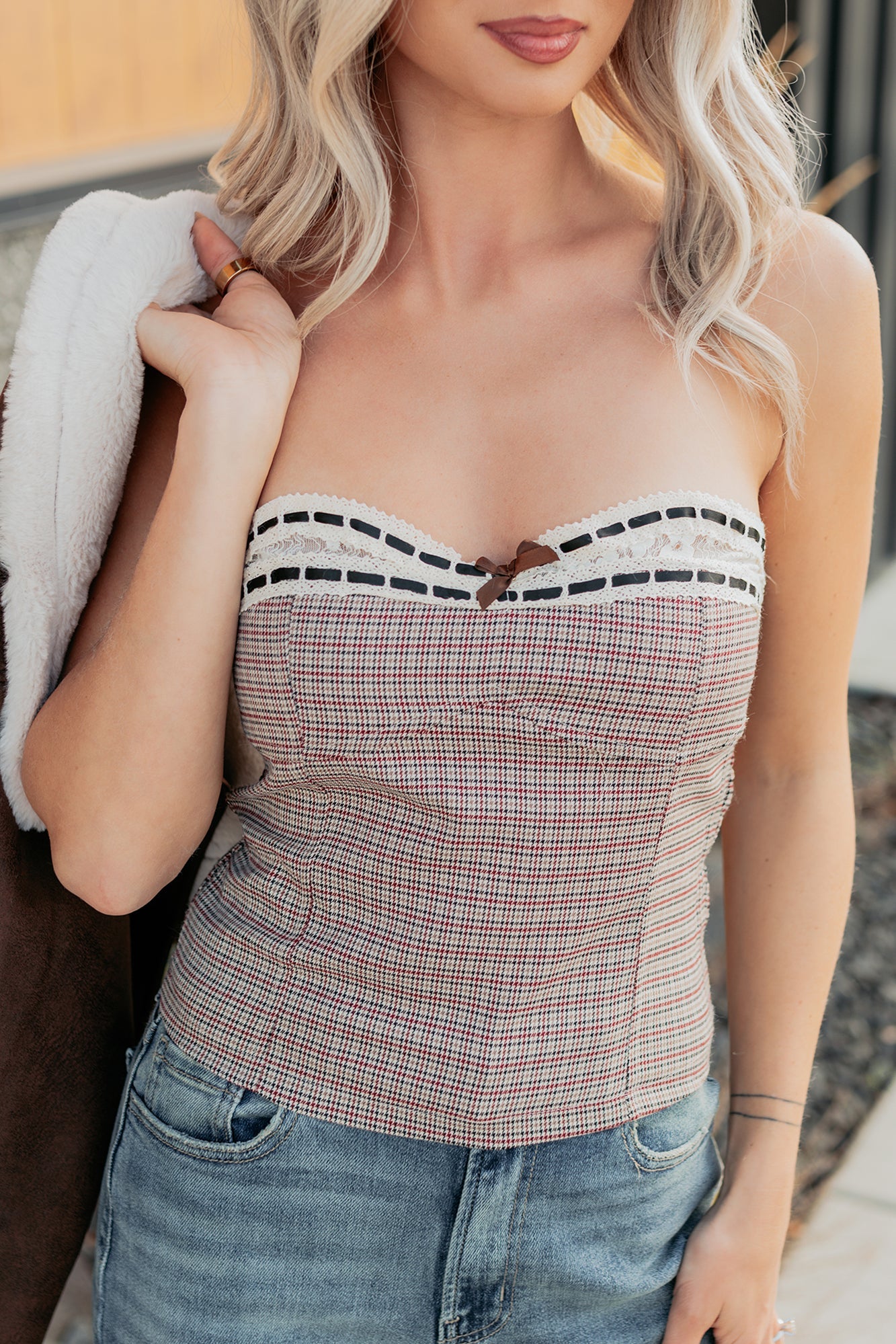 Kiss It Better Strapless Houndstooth Lace Top (Brown/Wine)