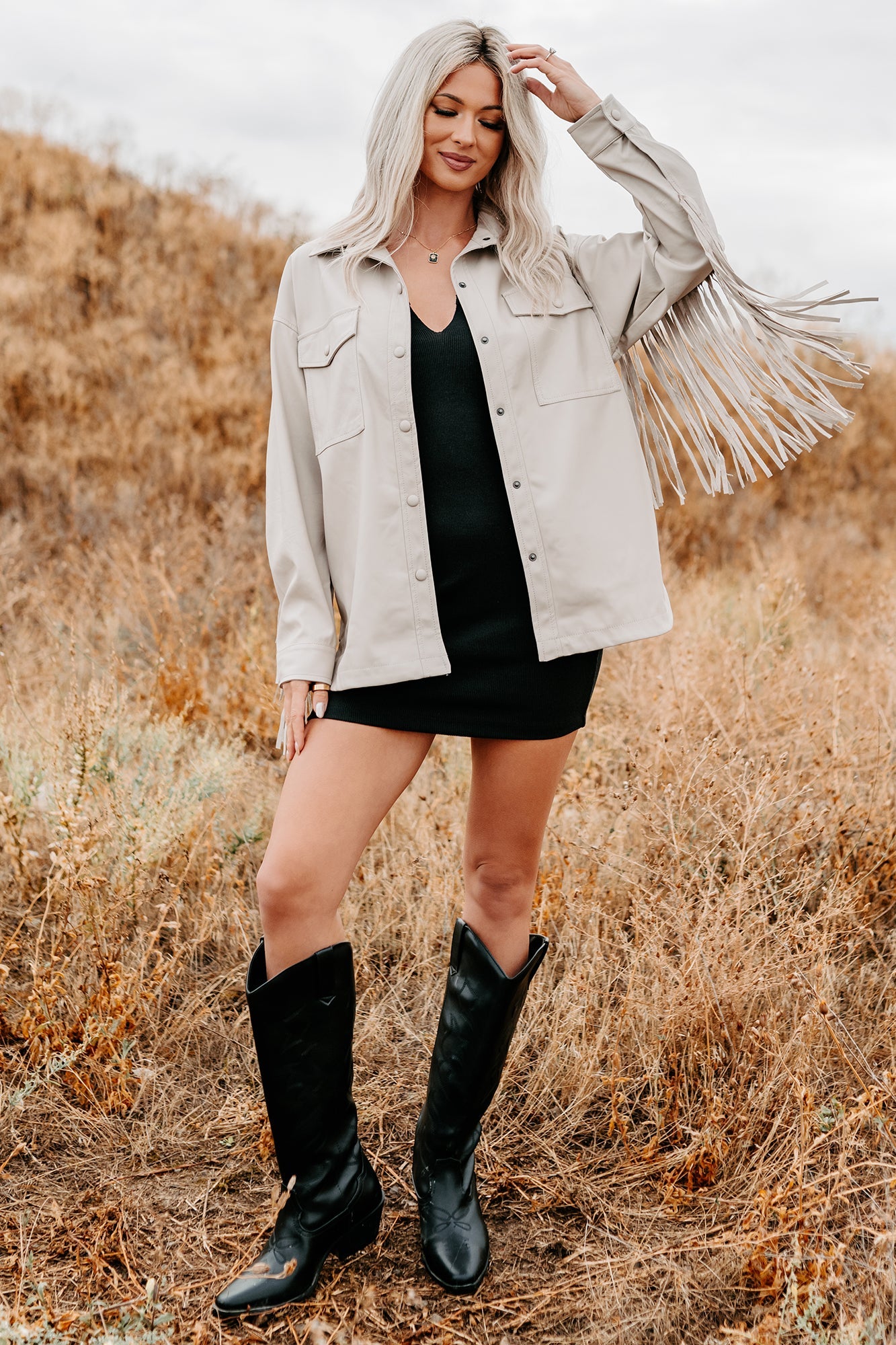 Wild West Whimsy Fringe Faux Leather Jacket (Cream)