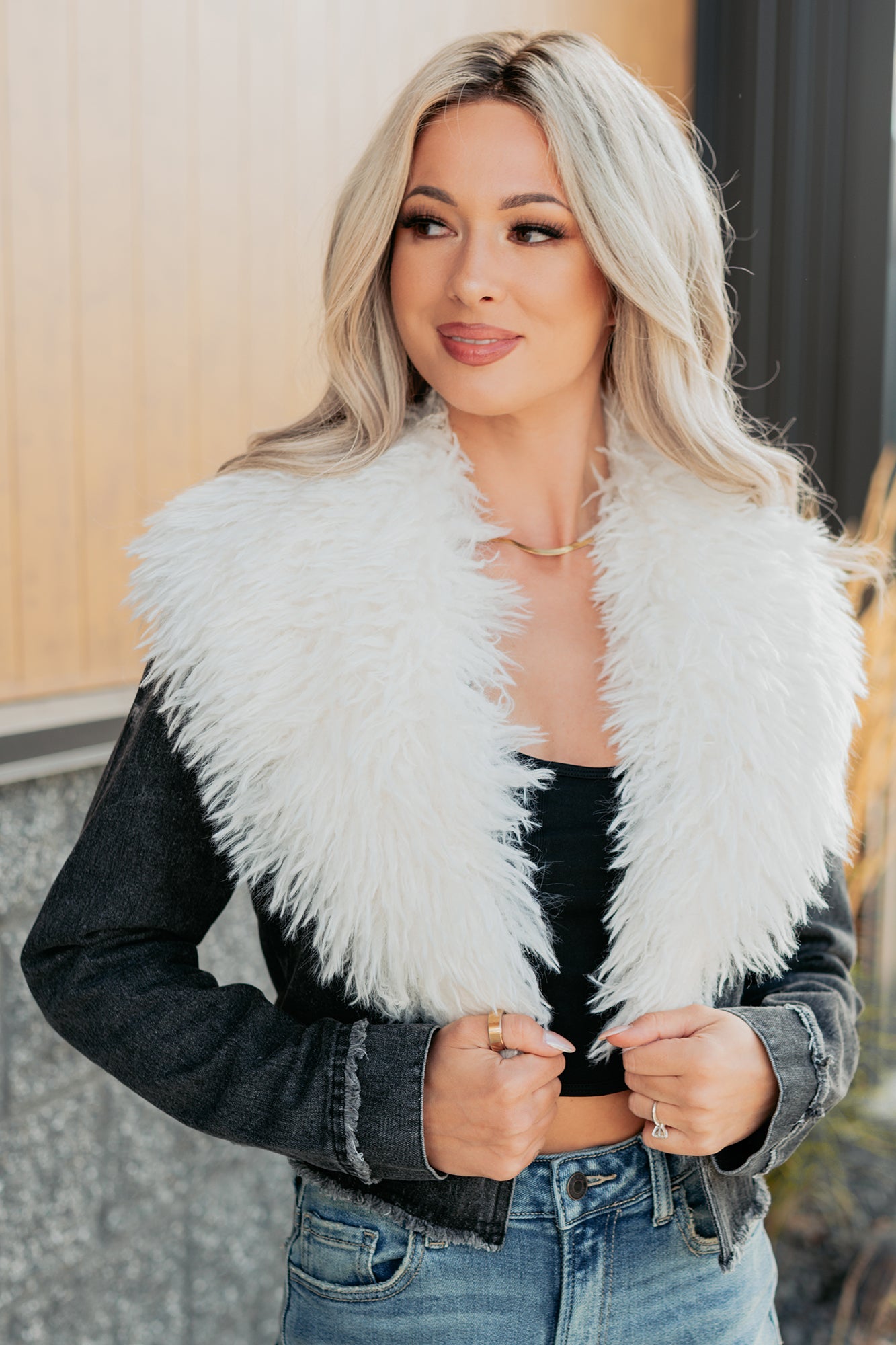 Unapologetic Glow Denim Fur Collar Jacket (Black)