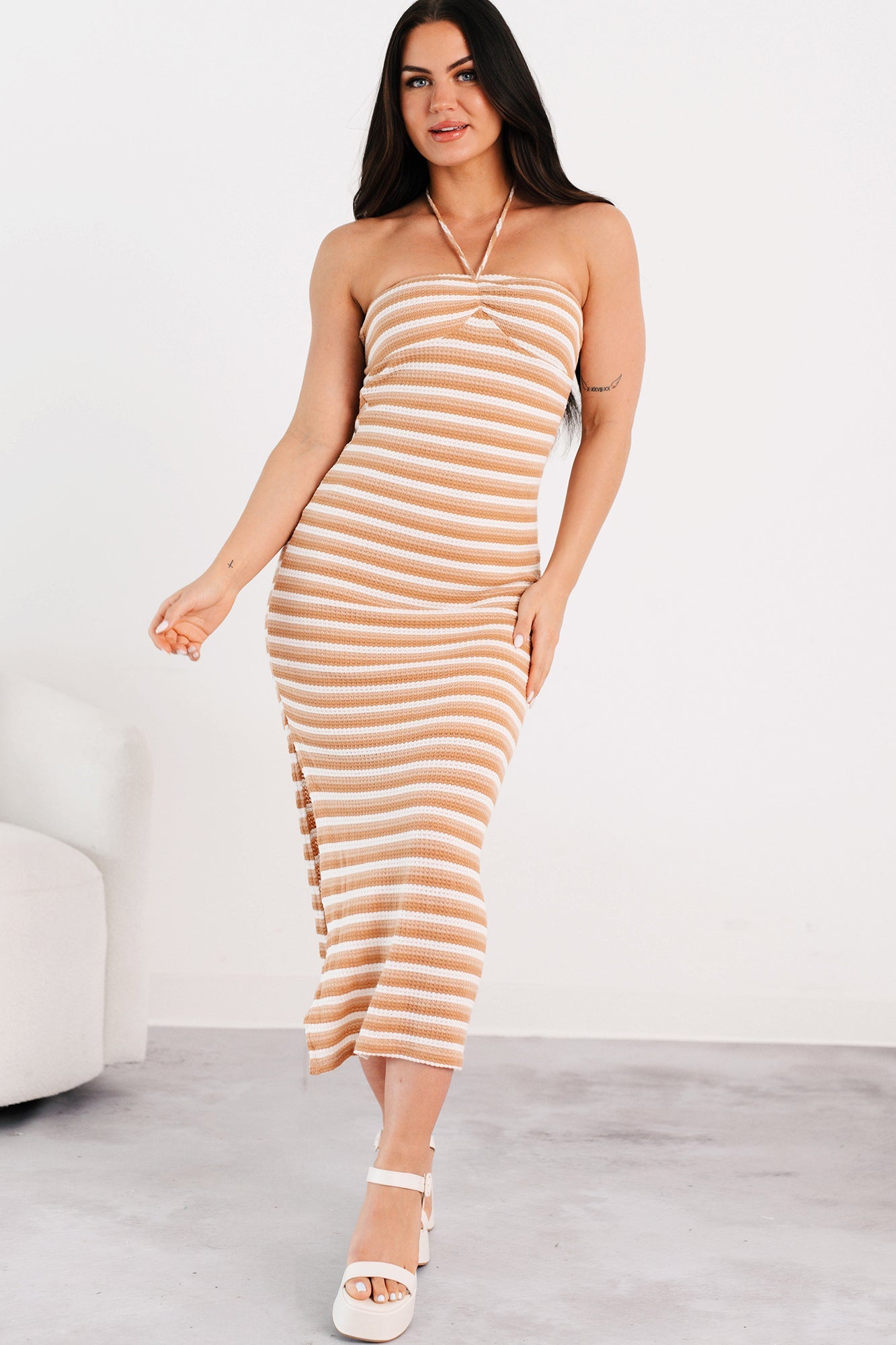 Low-Key Chill Striped Bodycon Maxi Dress (Taupe/White)