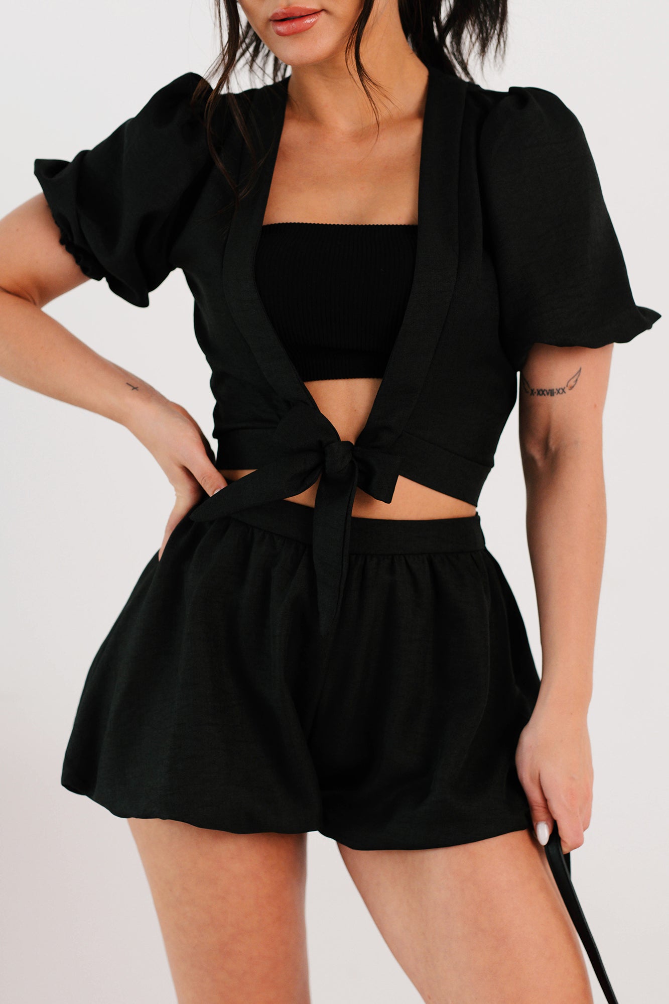 Blush & Whisper Tie Top & Bubble Shorts Set (Black)