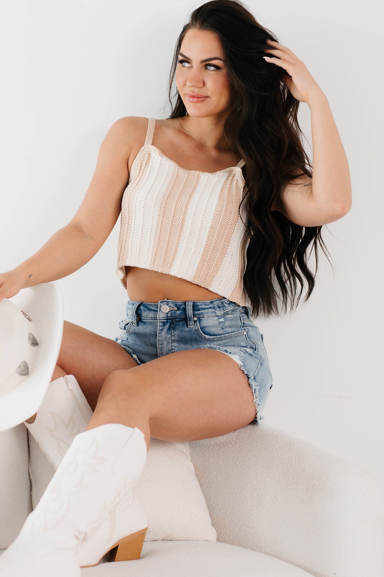 Electric Attraction Striped Crochet Tank Top (Taupe)