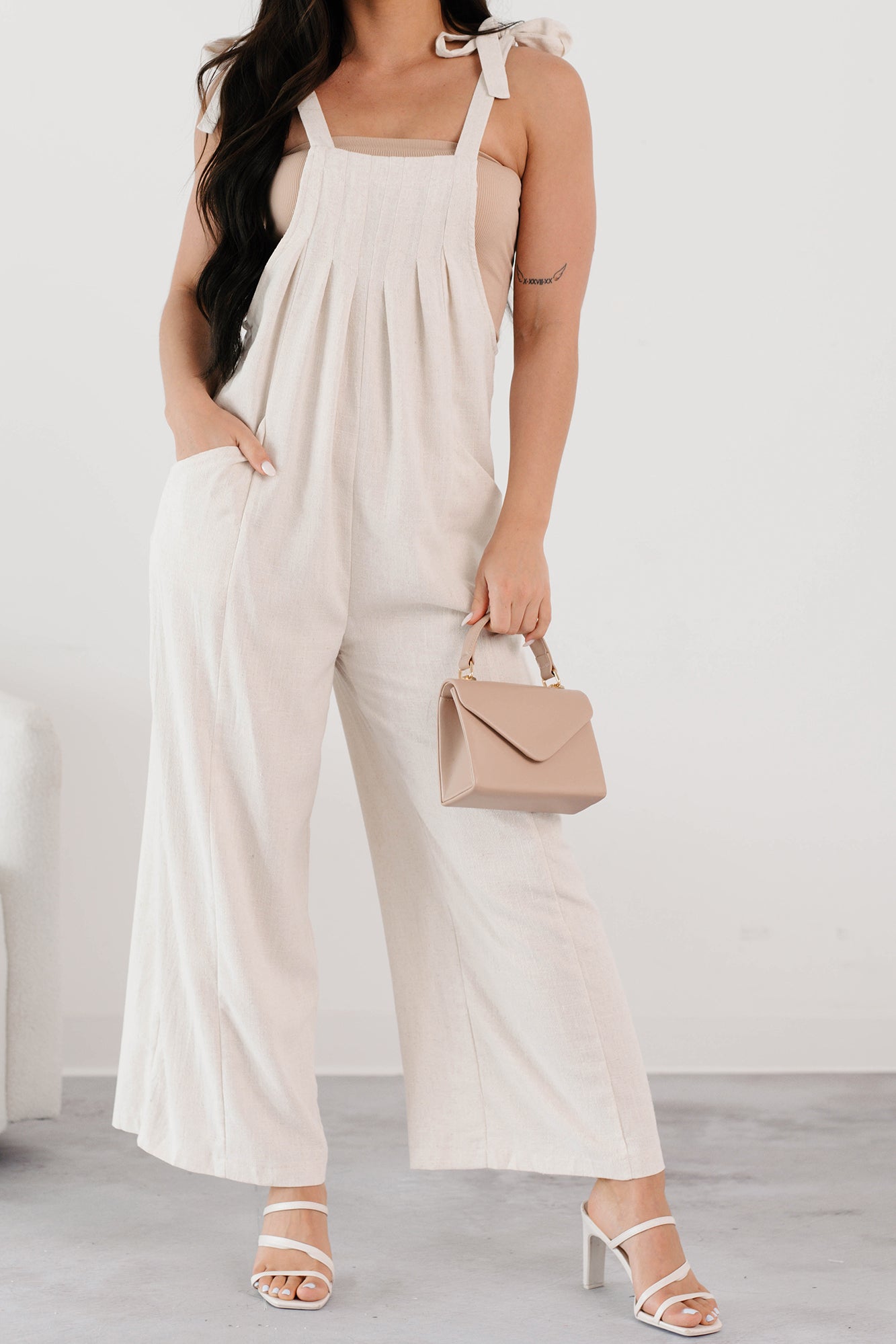 Alone At Last Tie Strap Linen Jumpsuit (Oatmeal)