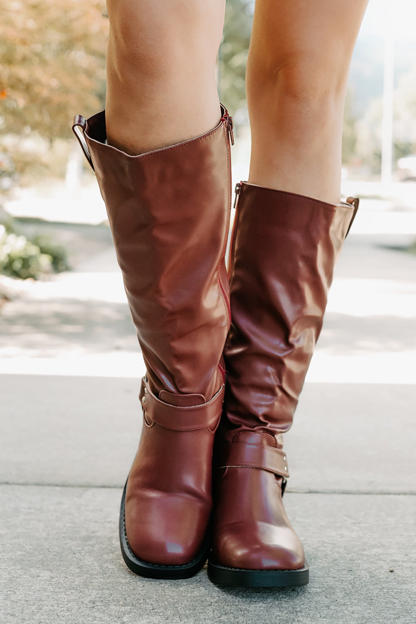 Clocking In Faux Leather Knee High Boots (Wine)