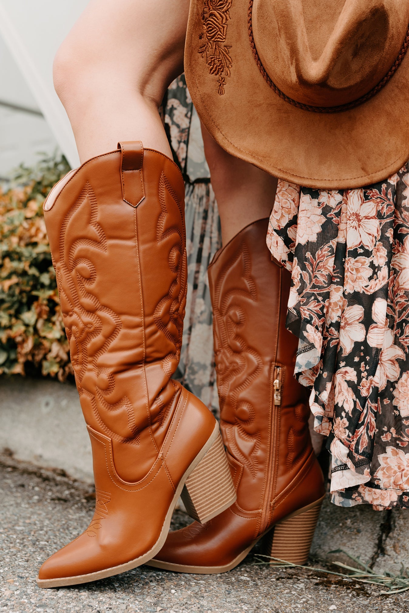 Didn't Come To Play Faux Leather Cowgirl Boots (Camel)
