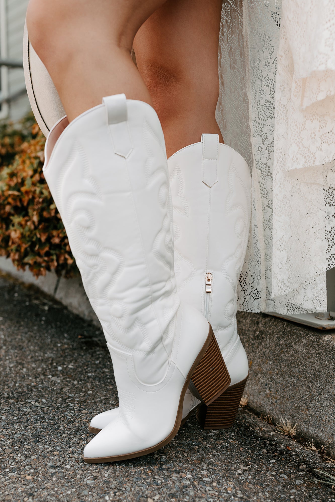 Didn't Come To Play Faux Leather Cowgirl Boots (White)