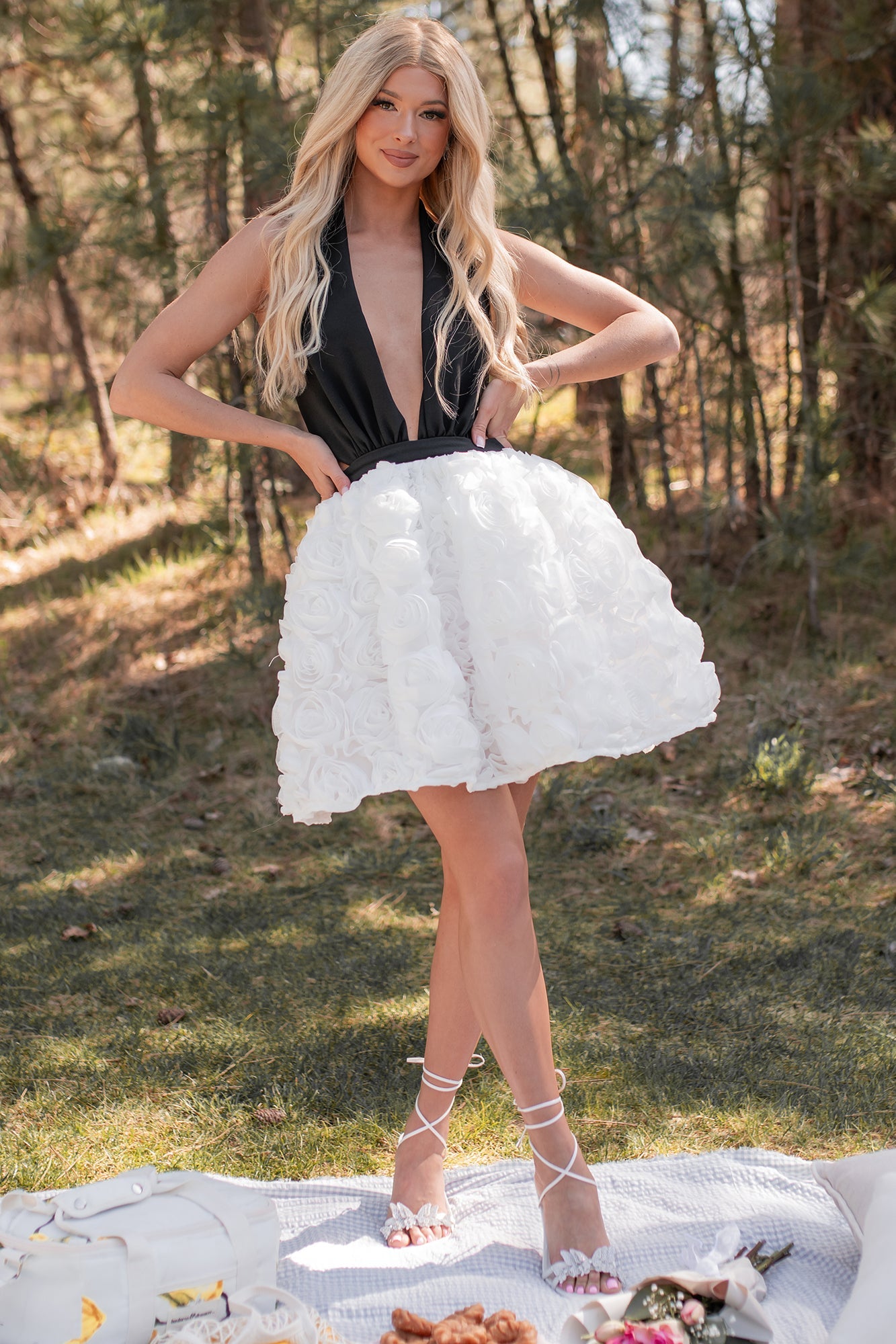 Give Em' Glam Rose Textured Halter Mini Dress (White/Black)