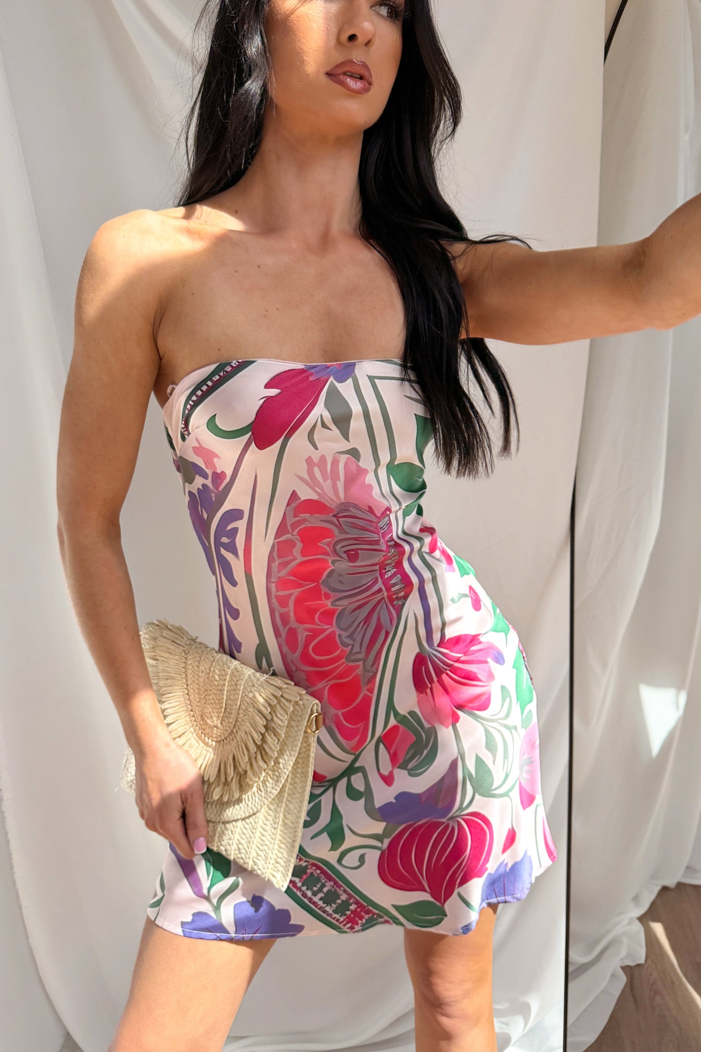 Drift Away Babe Strapless Floral Mini Dress (Pink Multi)
