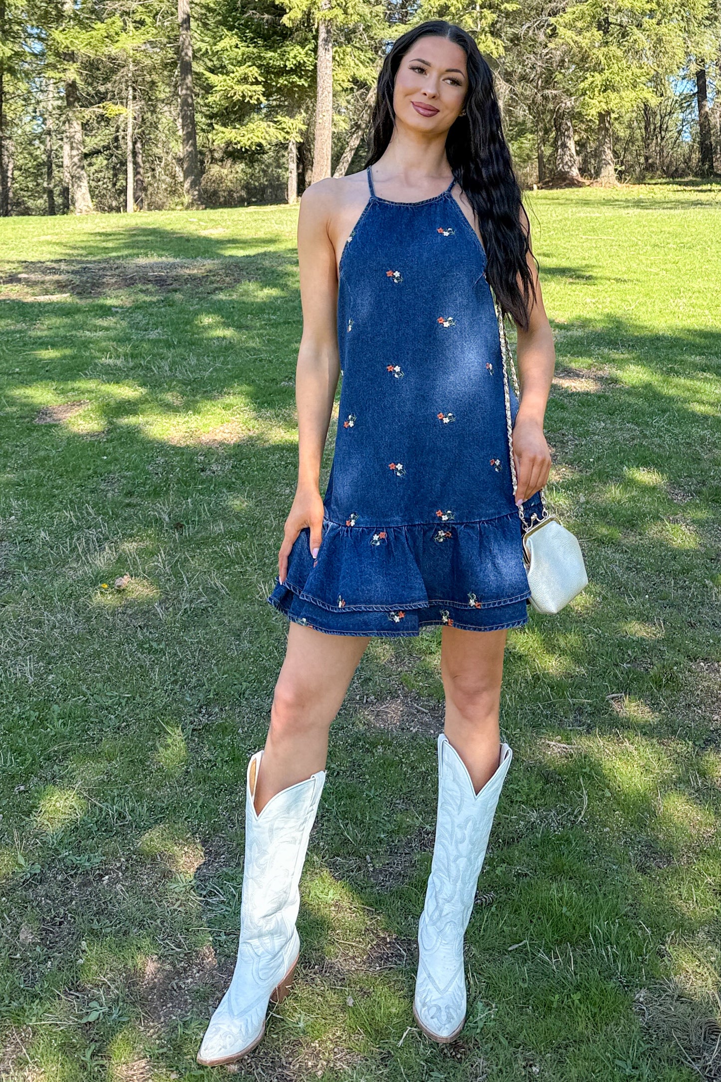 Graceful Grit Halter Floral Mini Dress (Dark Denim)