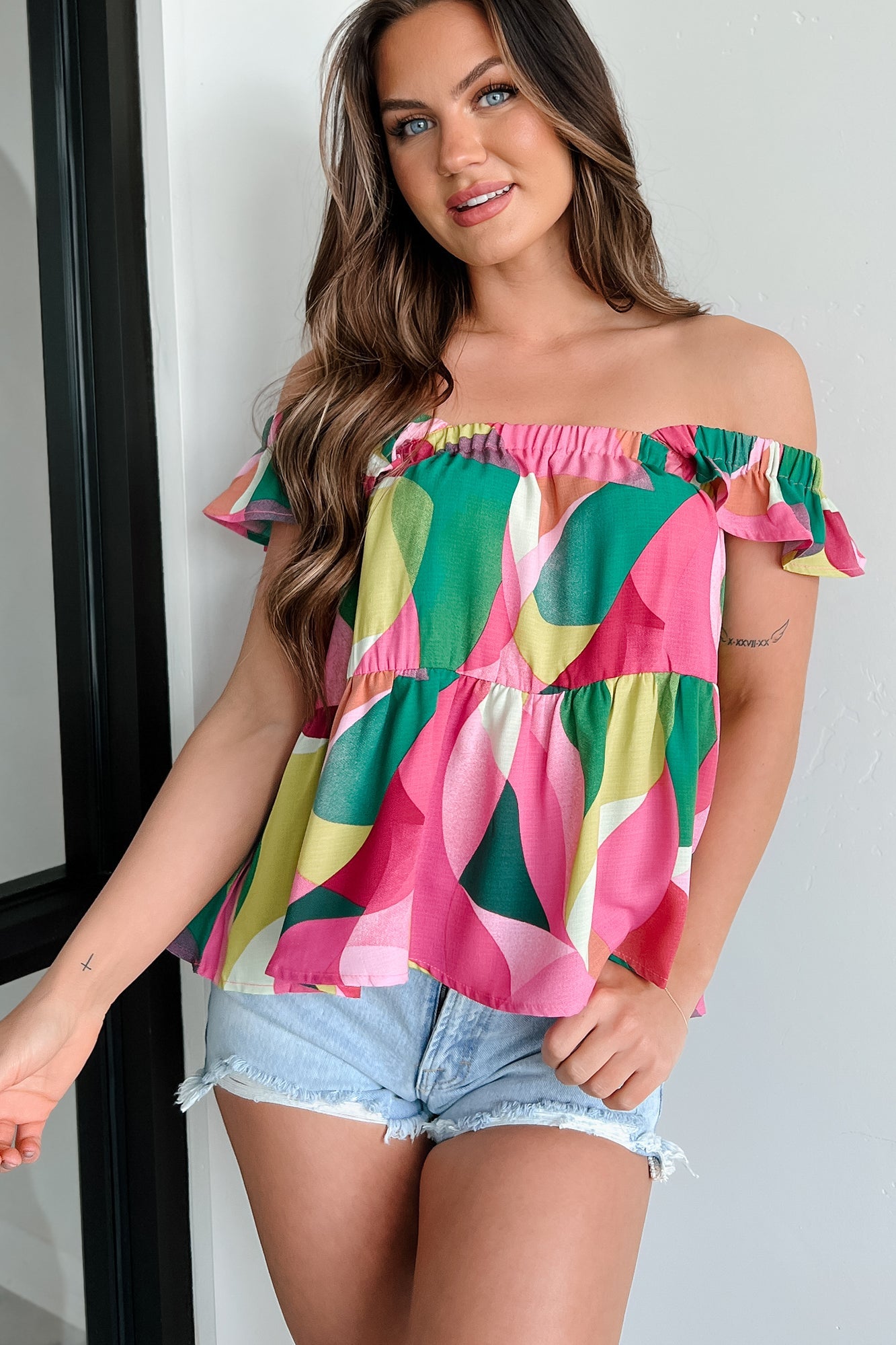 Strawberry Fields Printed Ruffle Babydoll Top (Fuchsia)