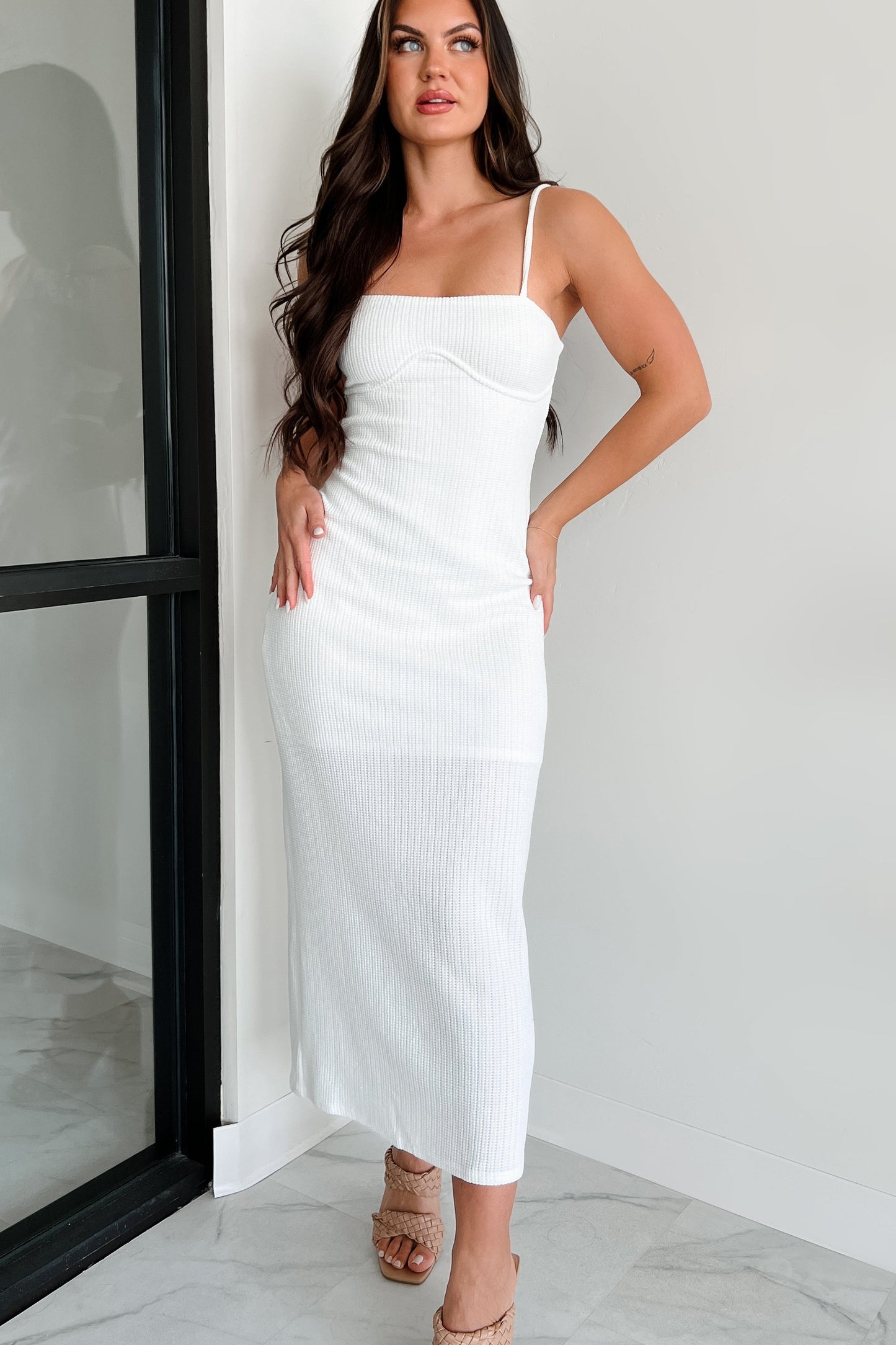 Nurturing Spirit Waffle Knit Midi Dress (White)