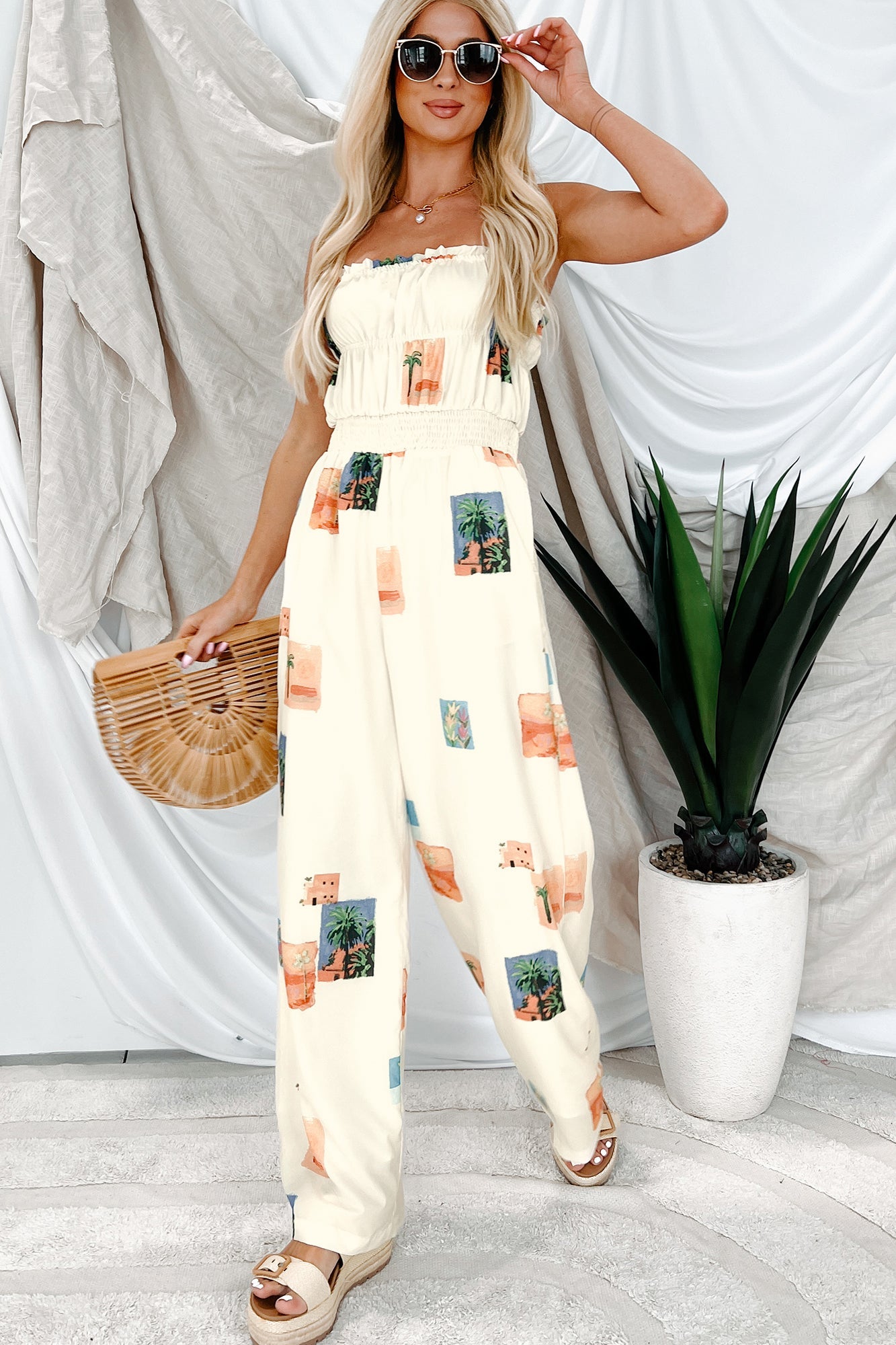 Sun & Done Printed Wide Leg Jumpsuit (Cream)