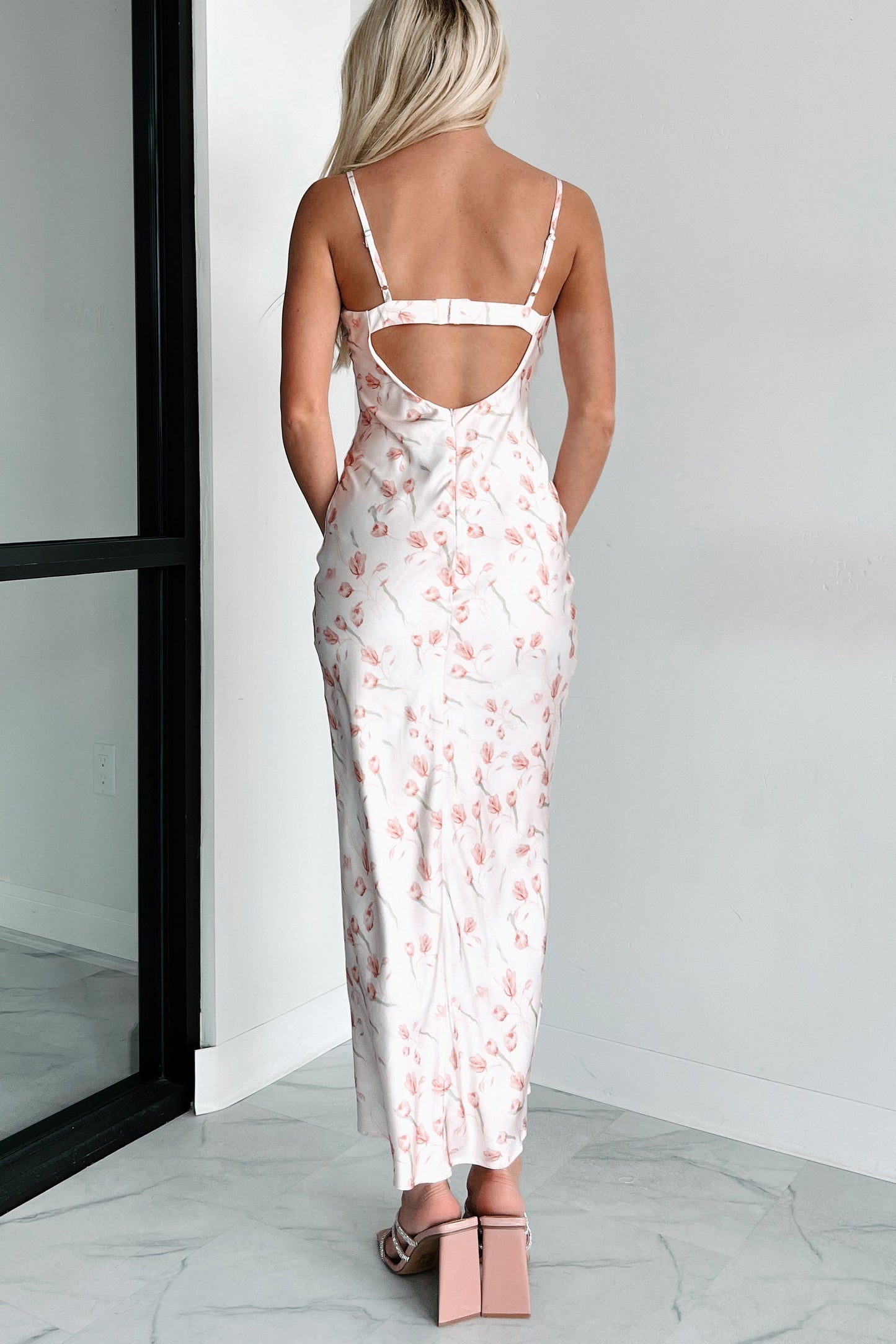 Enchanting Elegance Floral Satin Midi Dress (Blush)