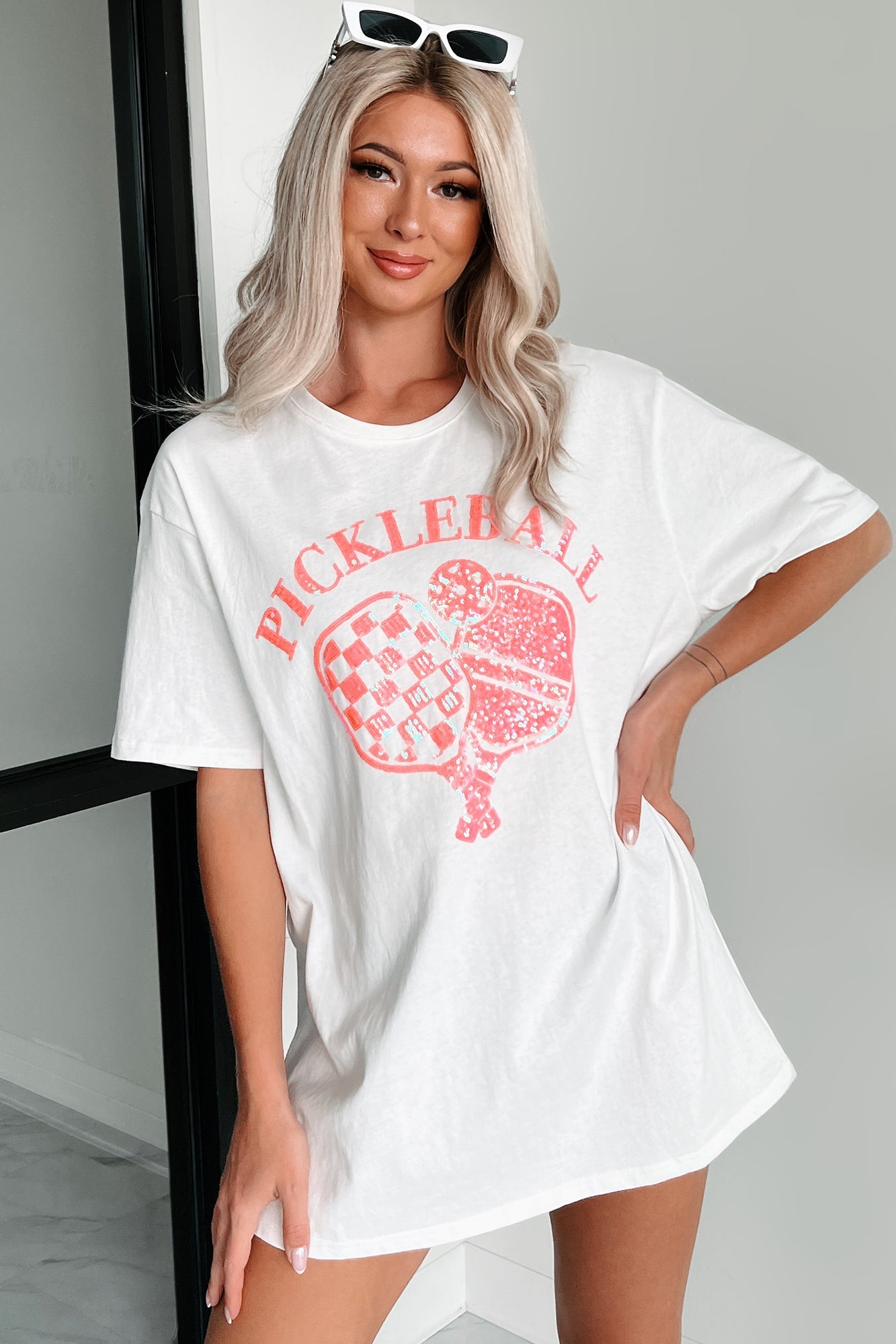 Prepped For Pickleball Oversized Sequin Graphic T-Shirt (Off White)