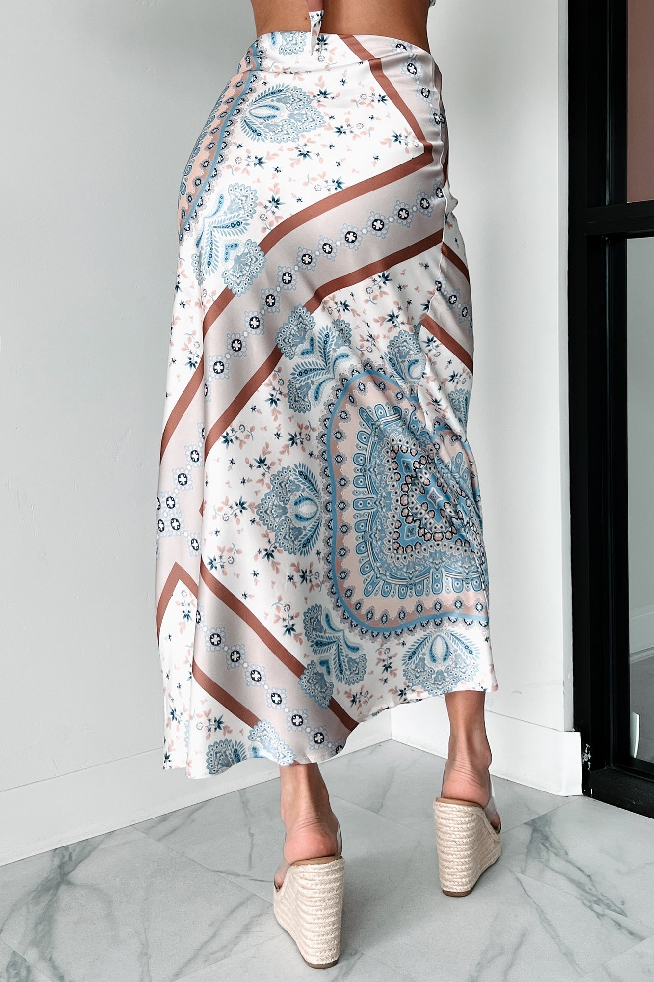 Instantly Adored Printed Satin Maxi Skirt (Sand Multi)