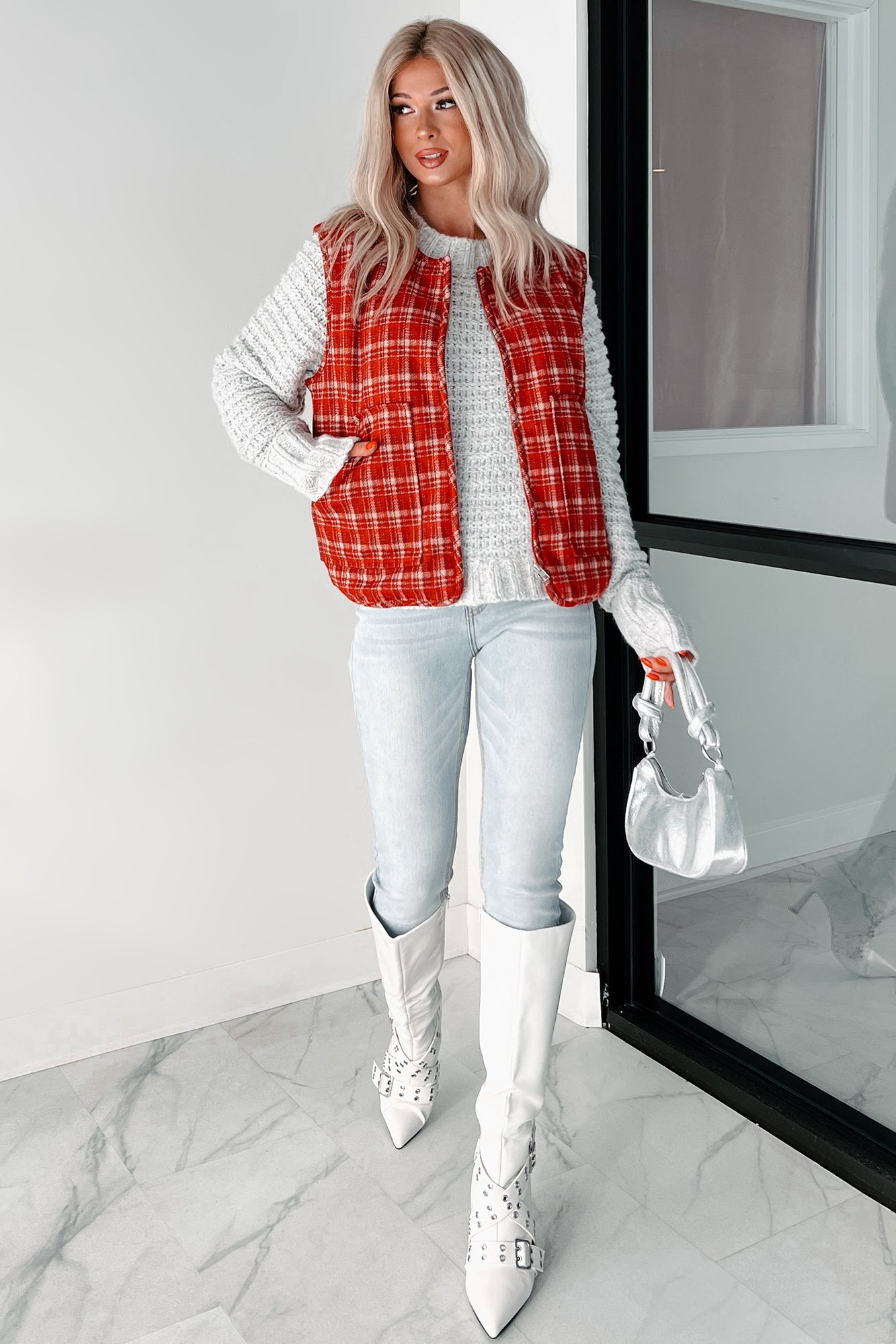 Fireside Chats Quilted Plaid Vest (Red Plaid)