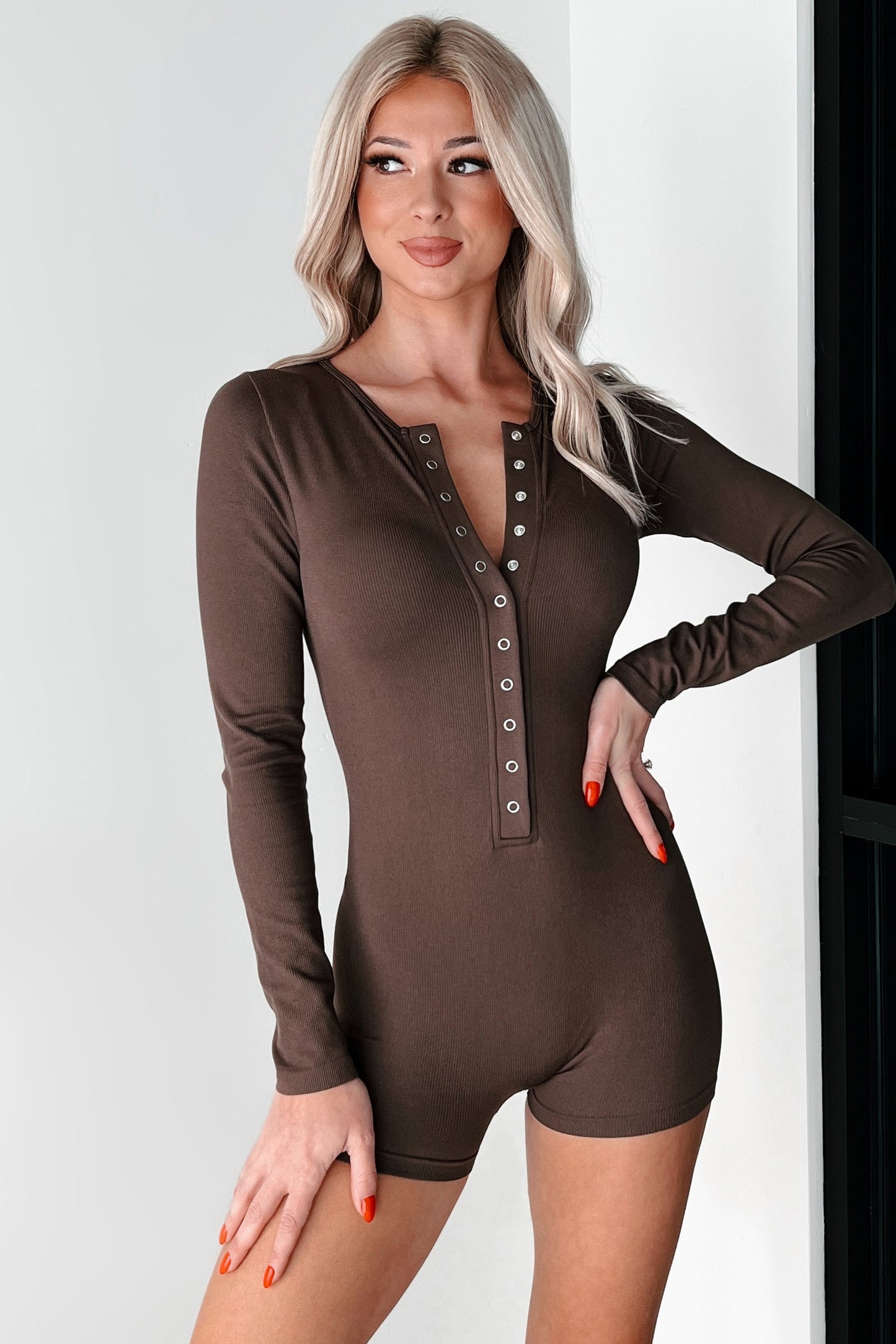 DOORBUSTER Nurturing My Soul Button Front Long Sleeve Romper (Espresso)