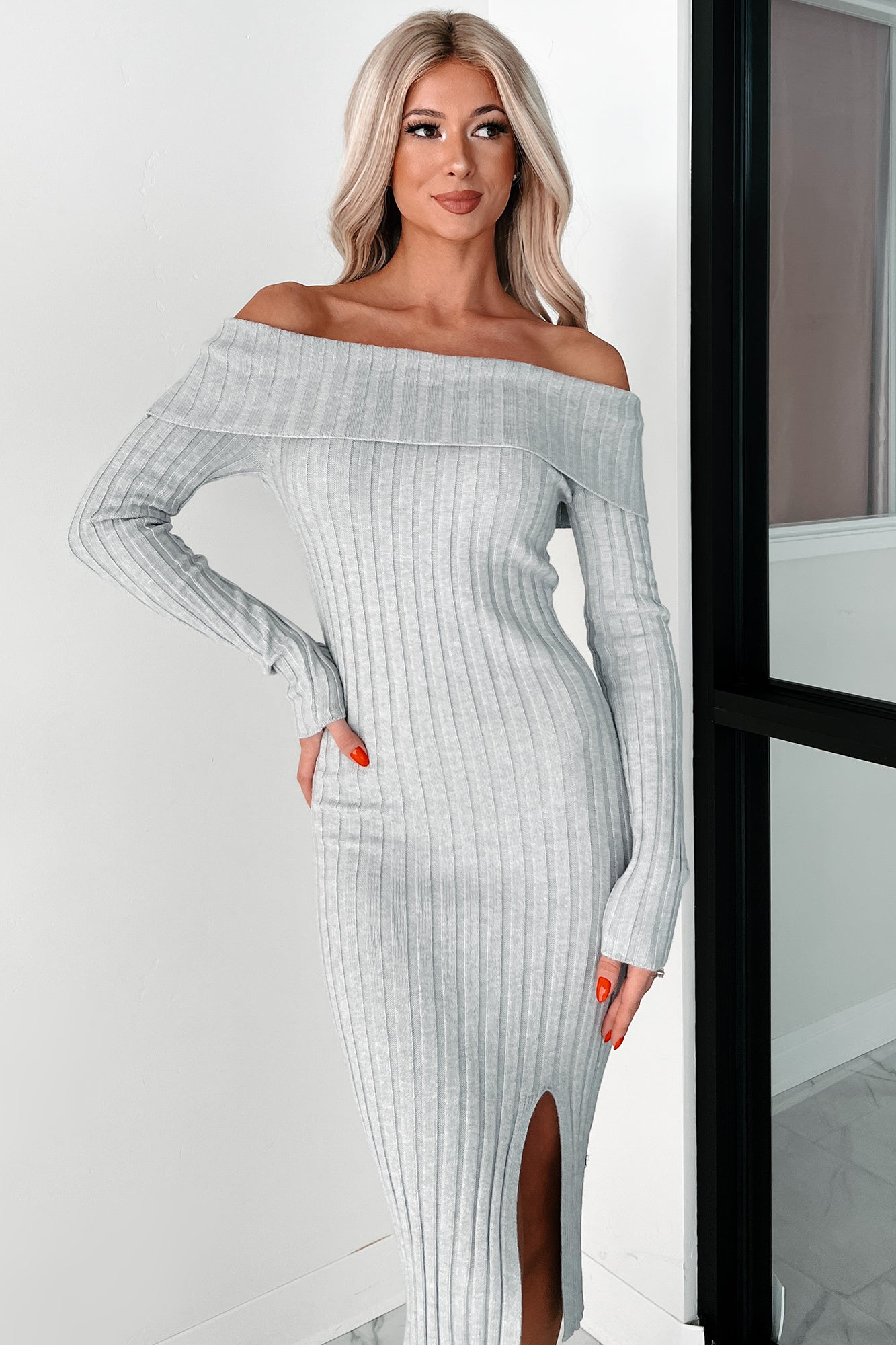 Leah Off The Shoulder Sweater Dress (Light Heather Grey)