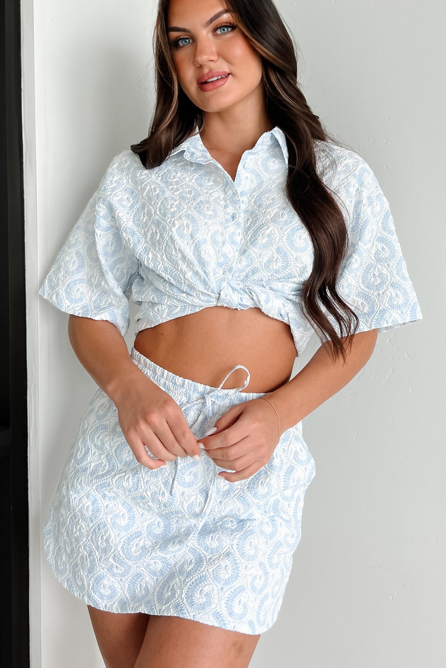 Vintage Vocabulary Paisley Print Two-Piece Set (White/Light Blue)