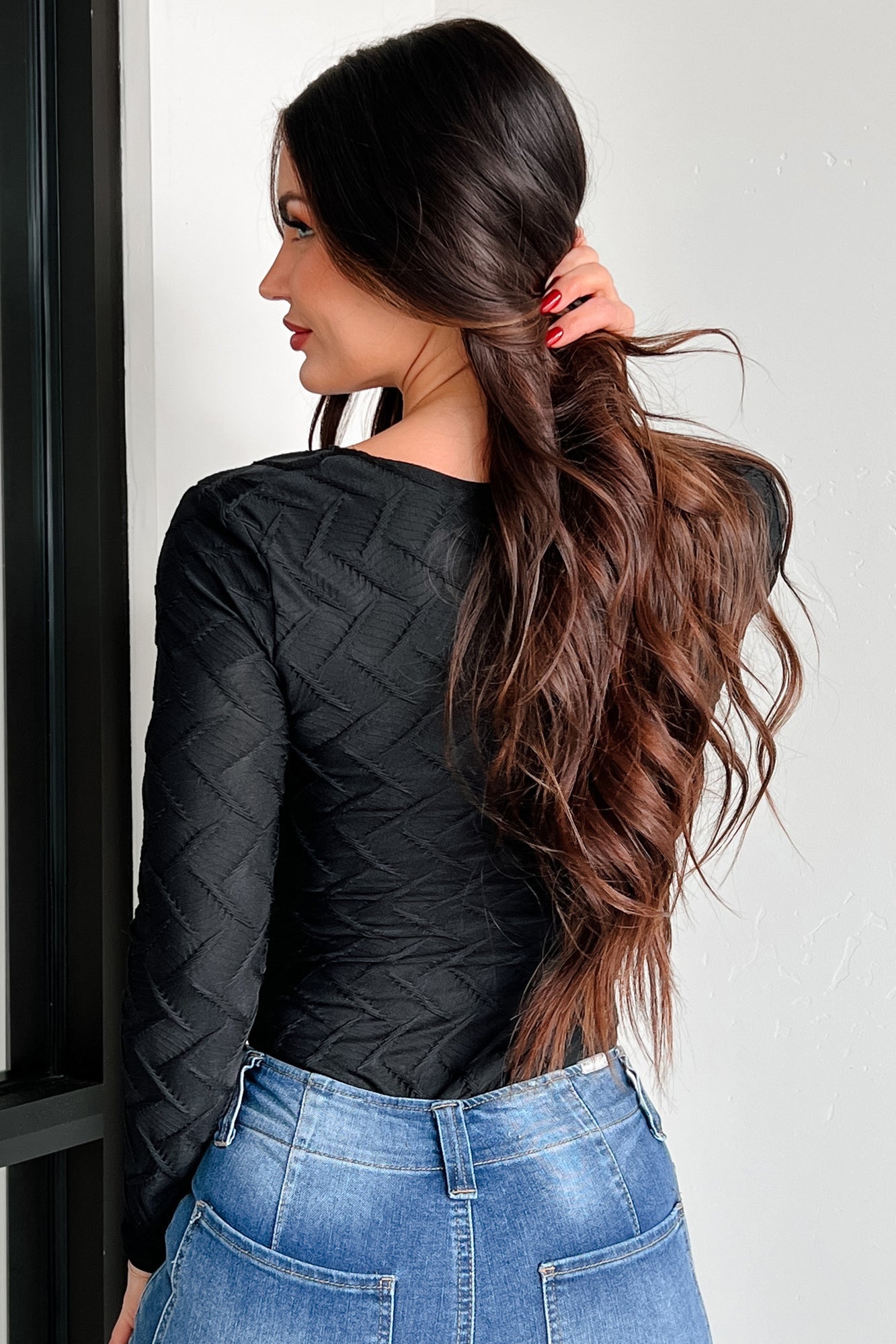 Better Be Nice Textured Long Sleeve Bodysuit (Black)