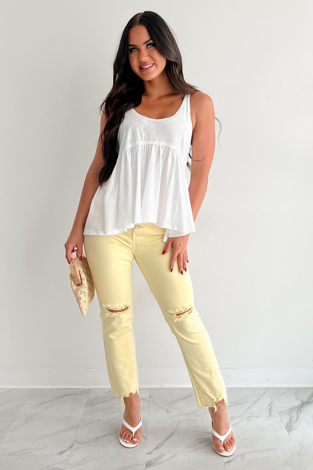 Booked By Brunch Sleeveless Ruffle Top (White)