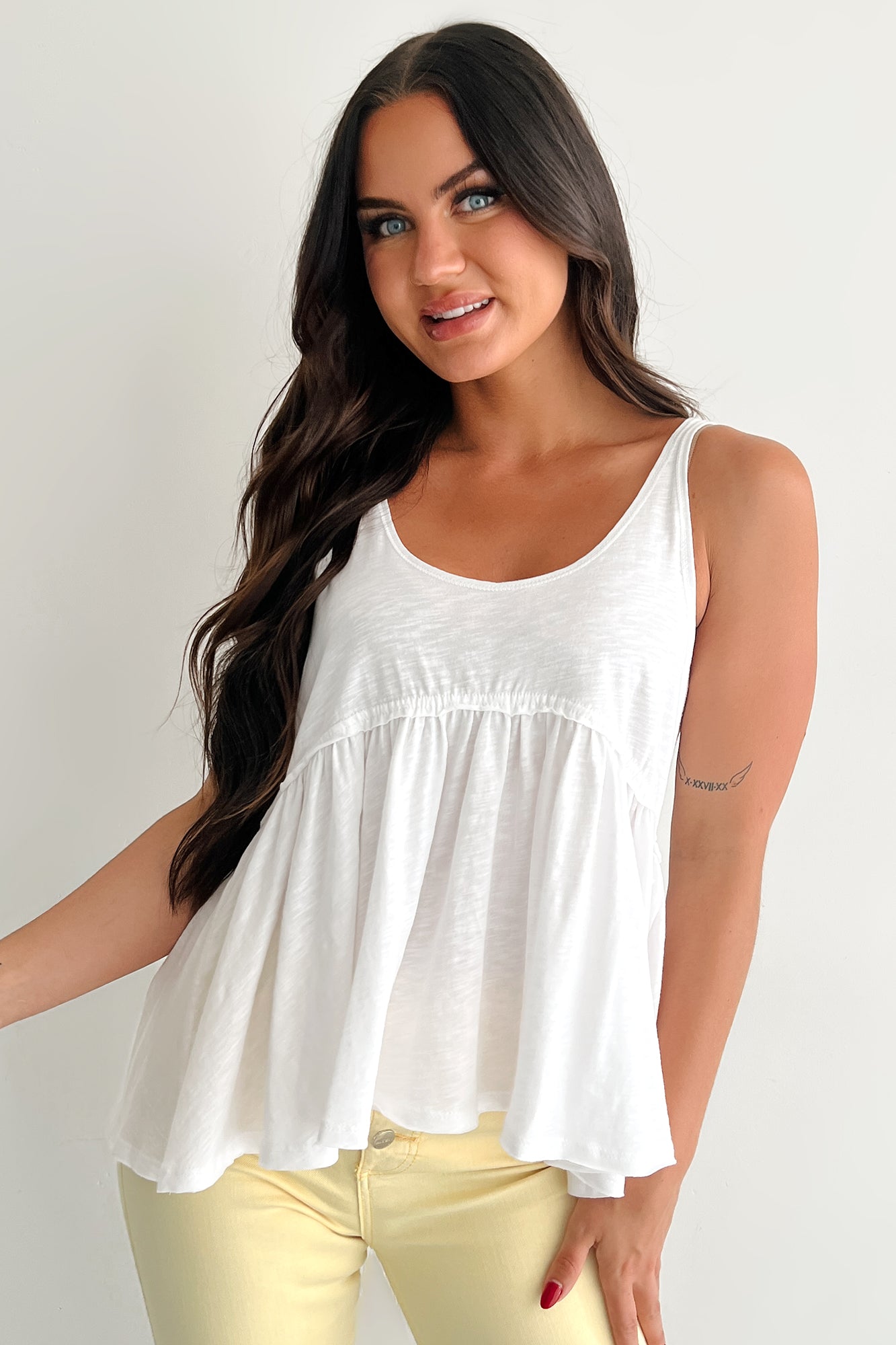Booked By Brunch Sleeveless Ruffle Top (White)
