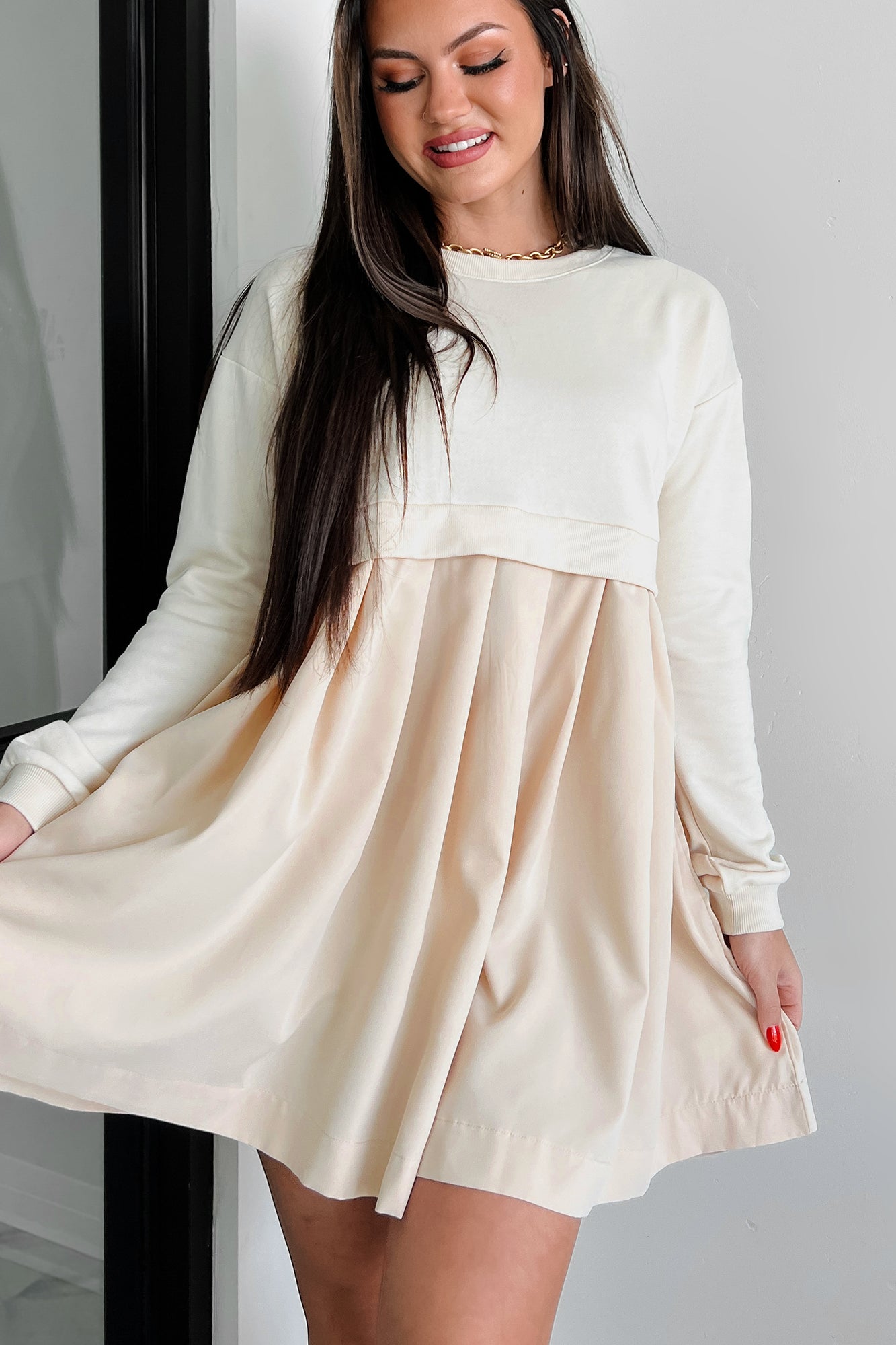 Siobhan Contrast Terry Pleated Mini Dress (Stone)
