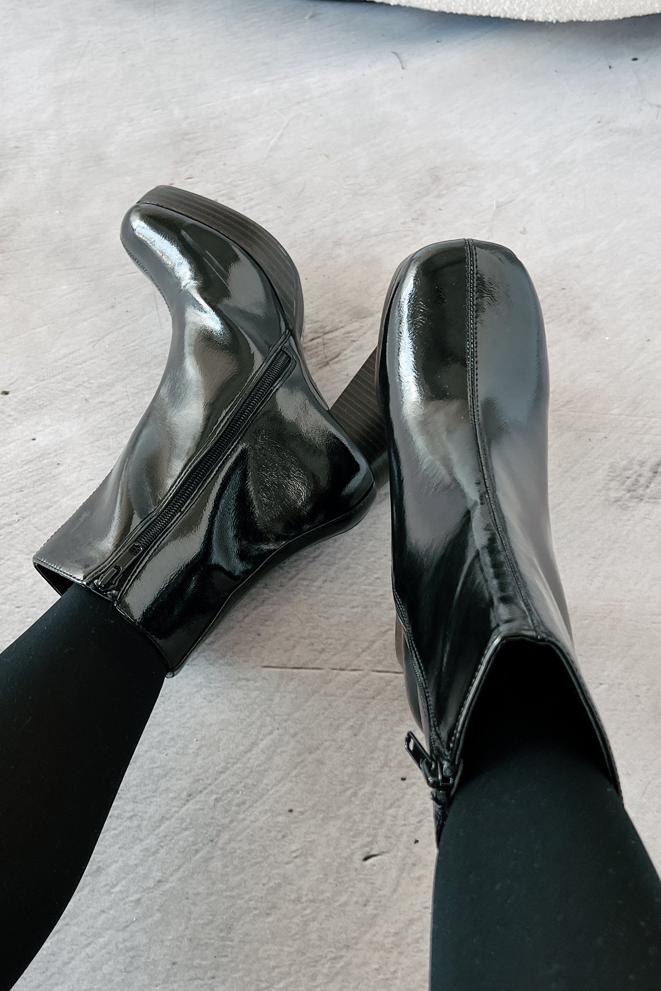 Keep On Grooving Patent Leather Platform Booties (Black/Dark Brown)