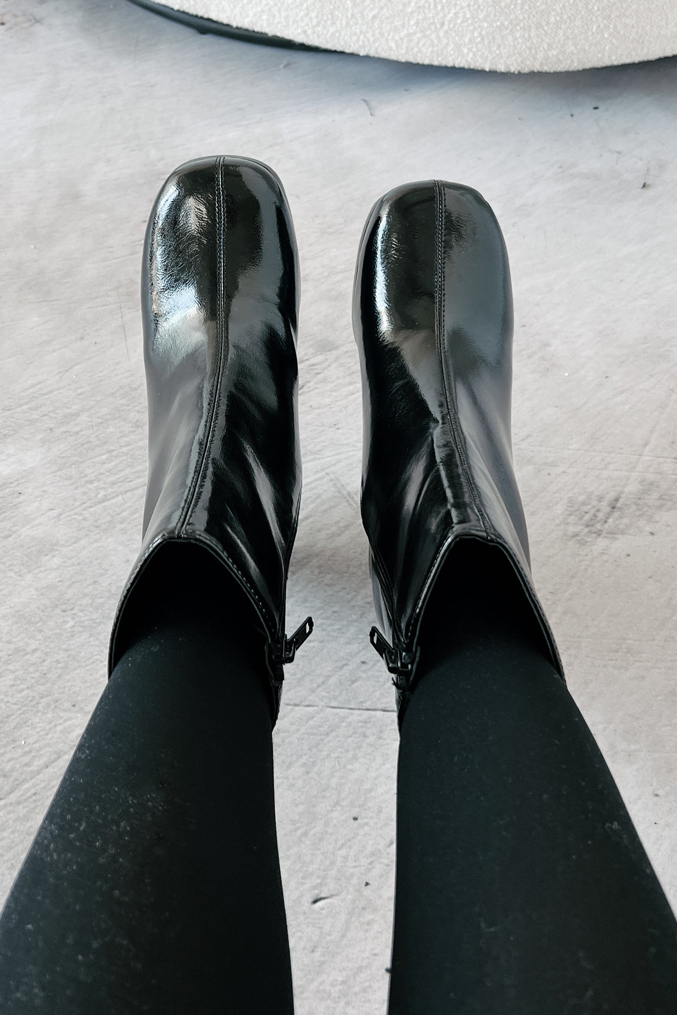 Keep On Grooving Patent Leather Platform Booties (Black/Dark Brown)