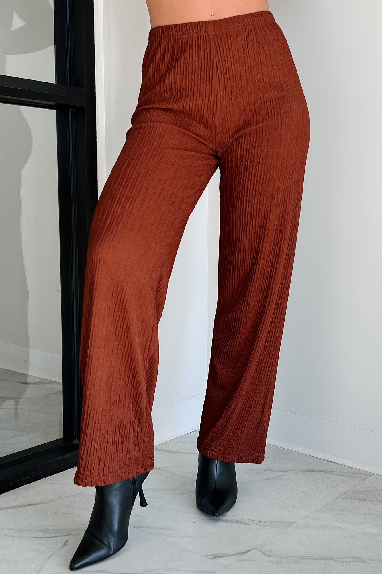Following My Intuition Crinkled Plisse Wrap Top & Pants Set (Ancora Red)
