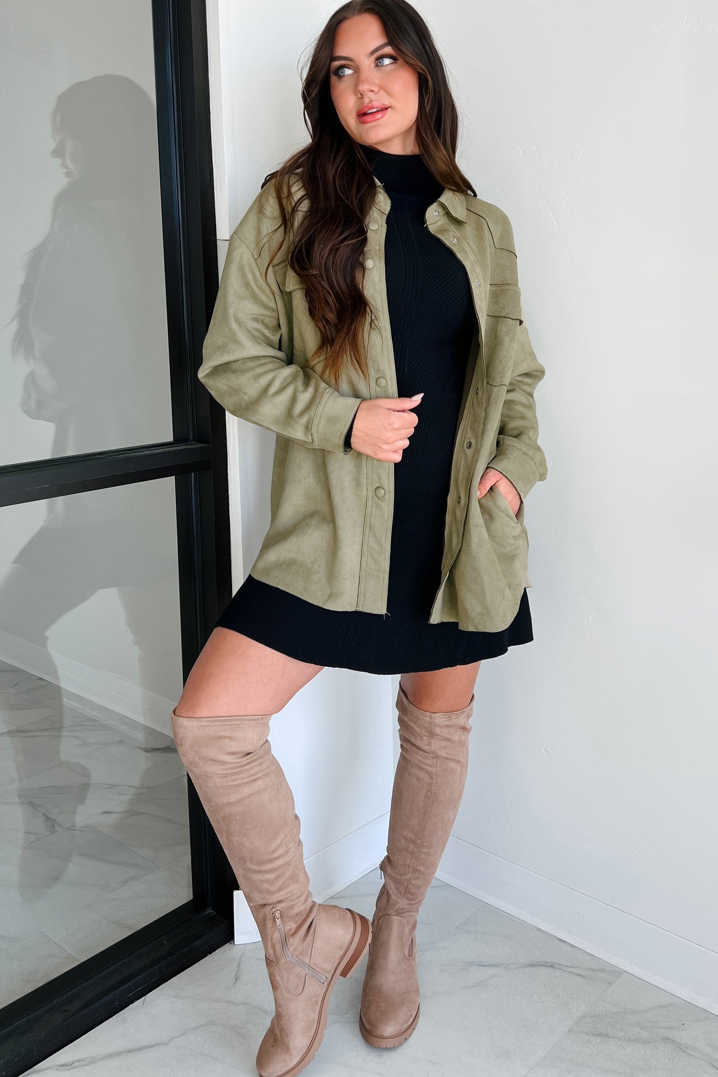 Heading To Town Oversized Faux Suede Shacket (Olive)
