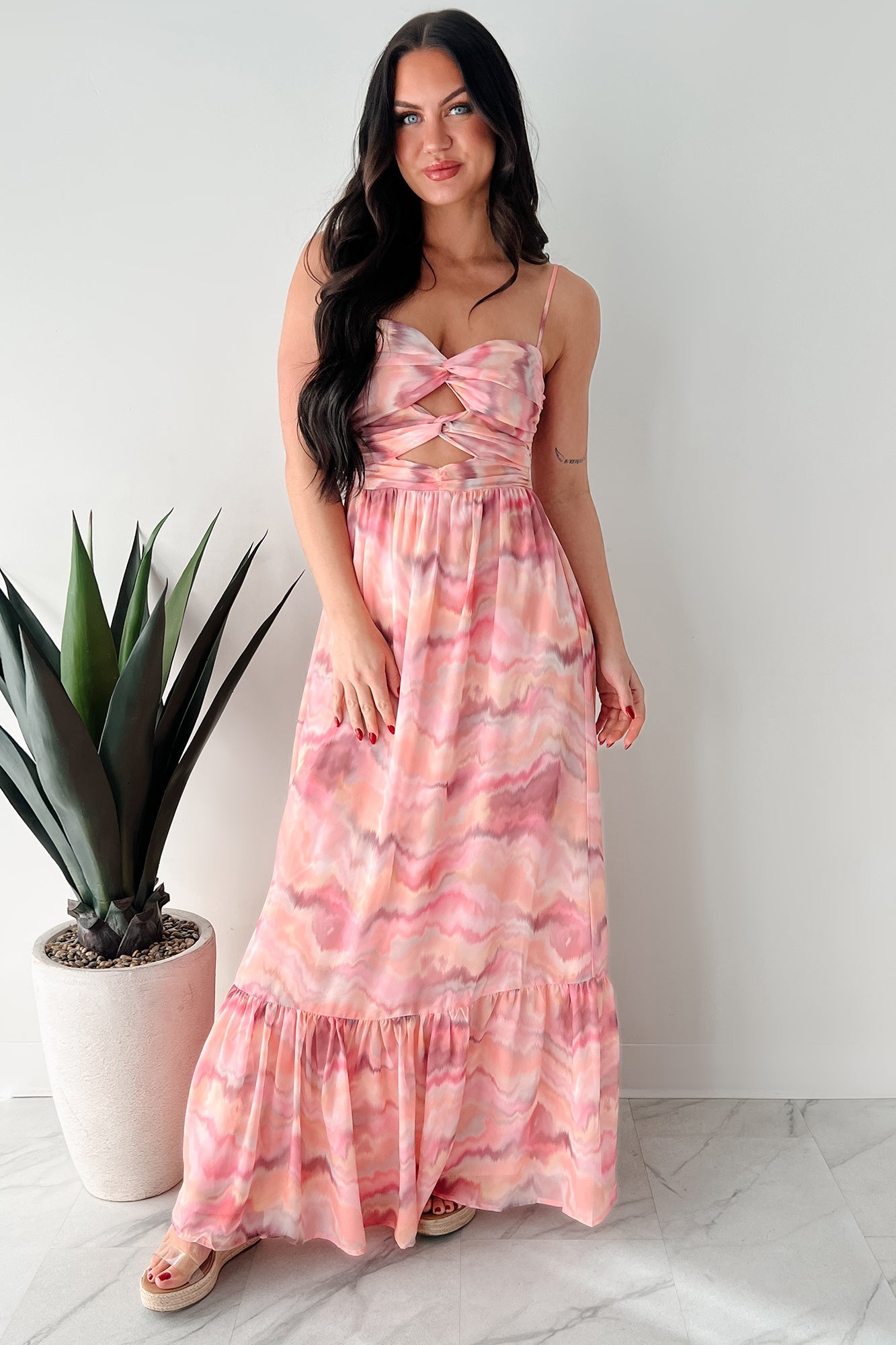 I Hope You Think Of Me Marble Printed Maxi Dress (Pink Multi)