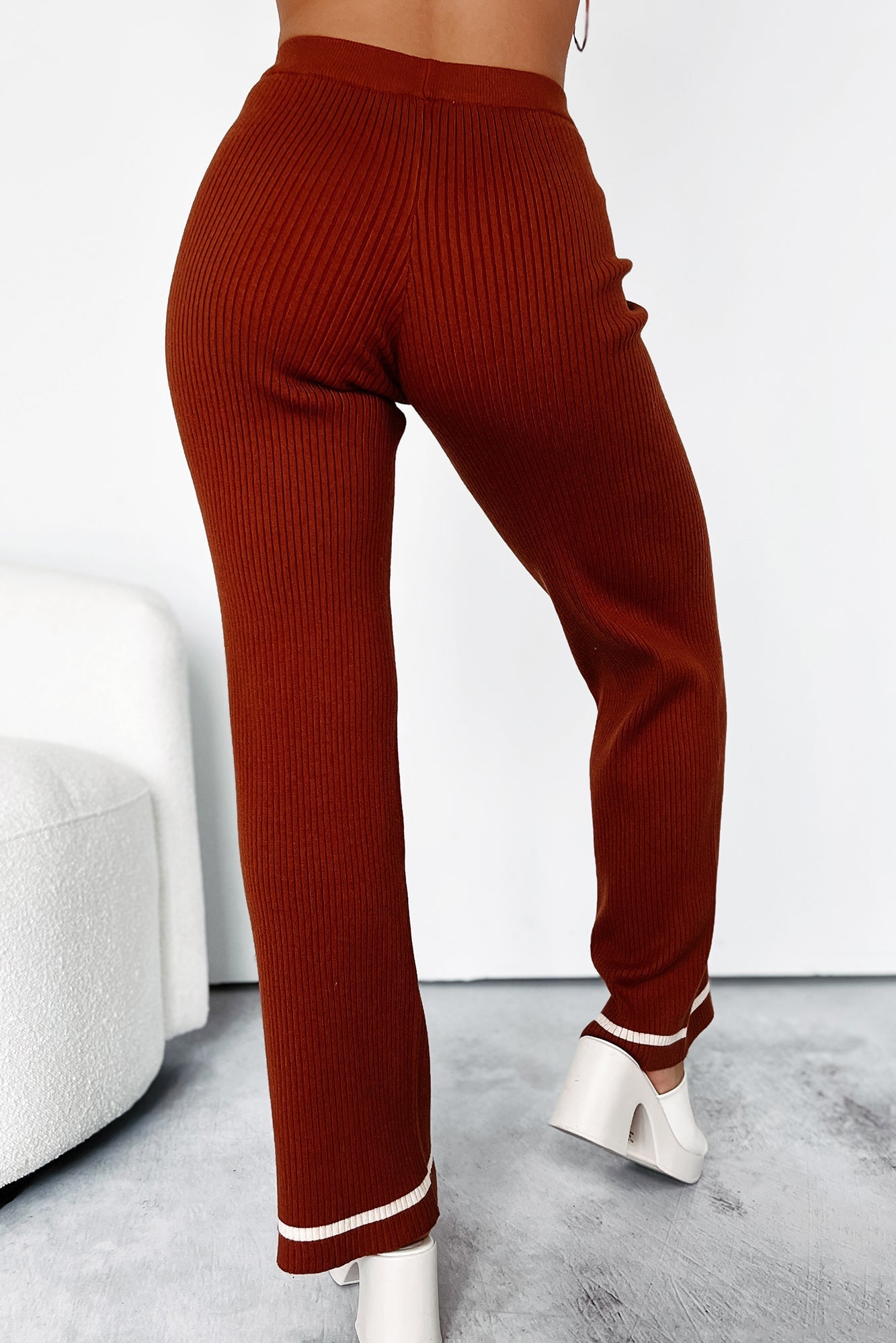 Crisp Leaves Ribbed Knit Straight Leg Pant (Rust)