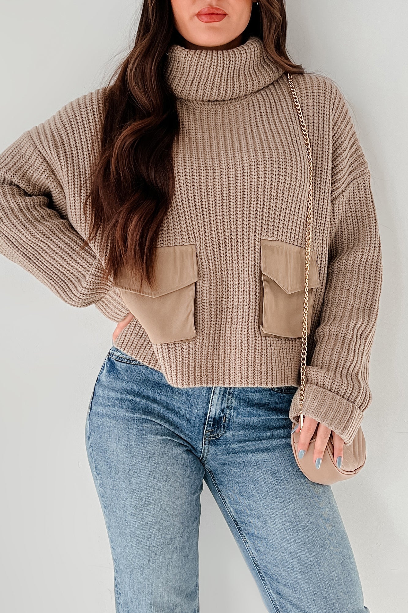 Tell Me Everything Cowl Neck Cargo Sweater (Taupe)