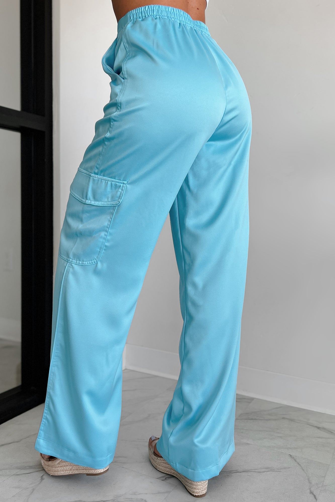 Clearing The Air Wide Leg Satin Cargo Pants (Light Aqua)
