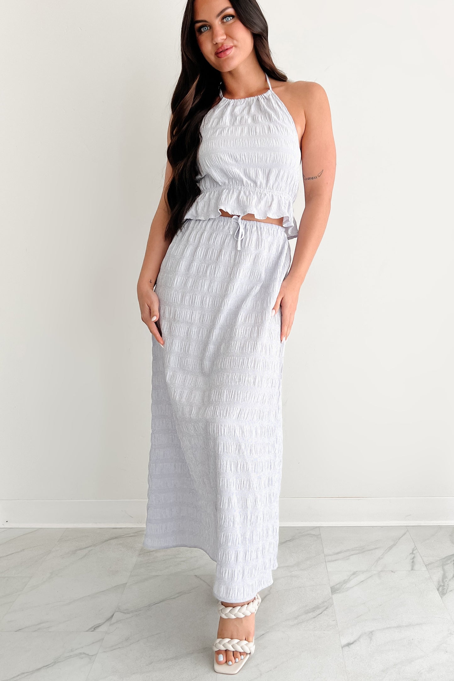 Dreaming Away Gingham Halter & Maxi Skirt Set (Lilac/White)