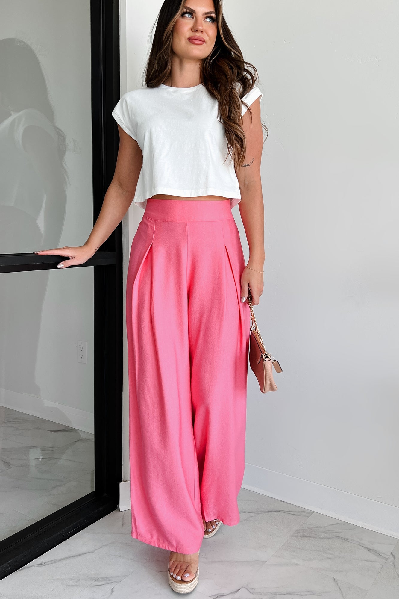 Energetic Response High Rise Pleated Wide Leg Pants (Pink)