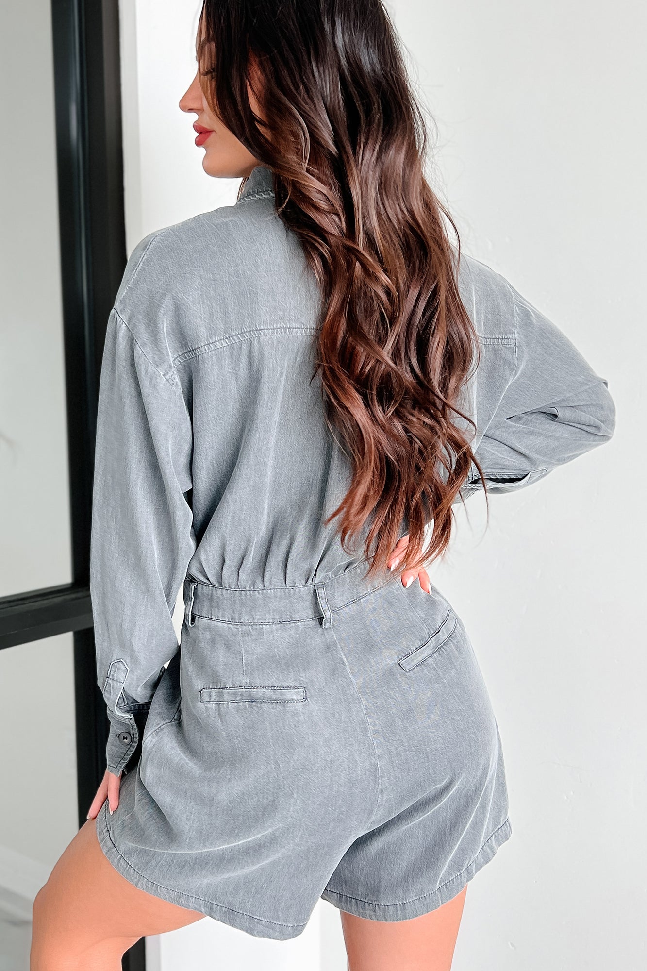 DOORBUSTER Fremont Button Front Long Sleeve Romper (Washed Black)