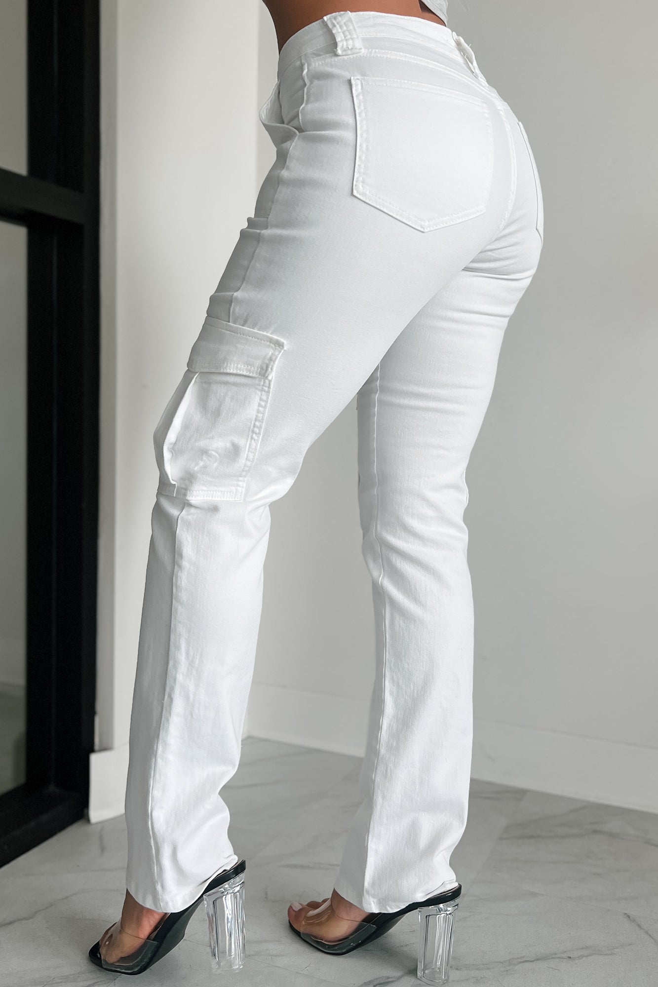 Cool Ambition Mid Rise Straight Leg Cargo Jeans (White)