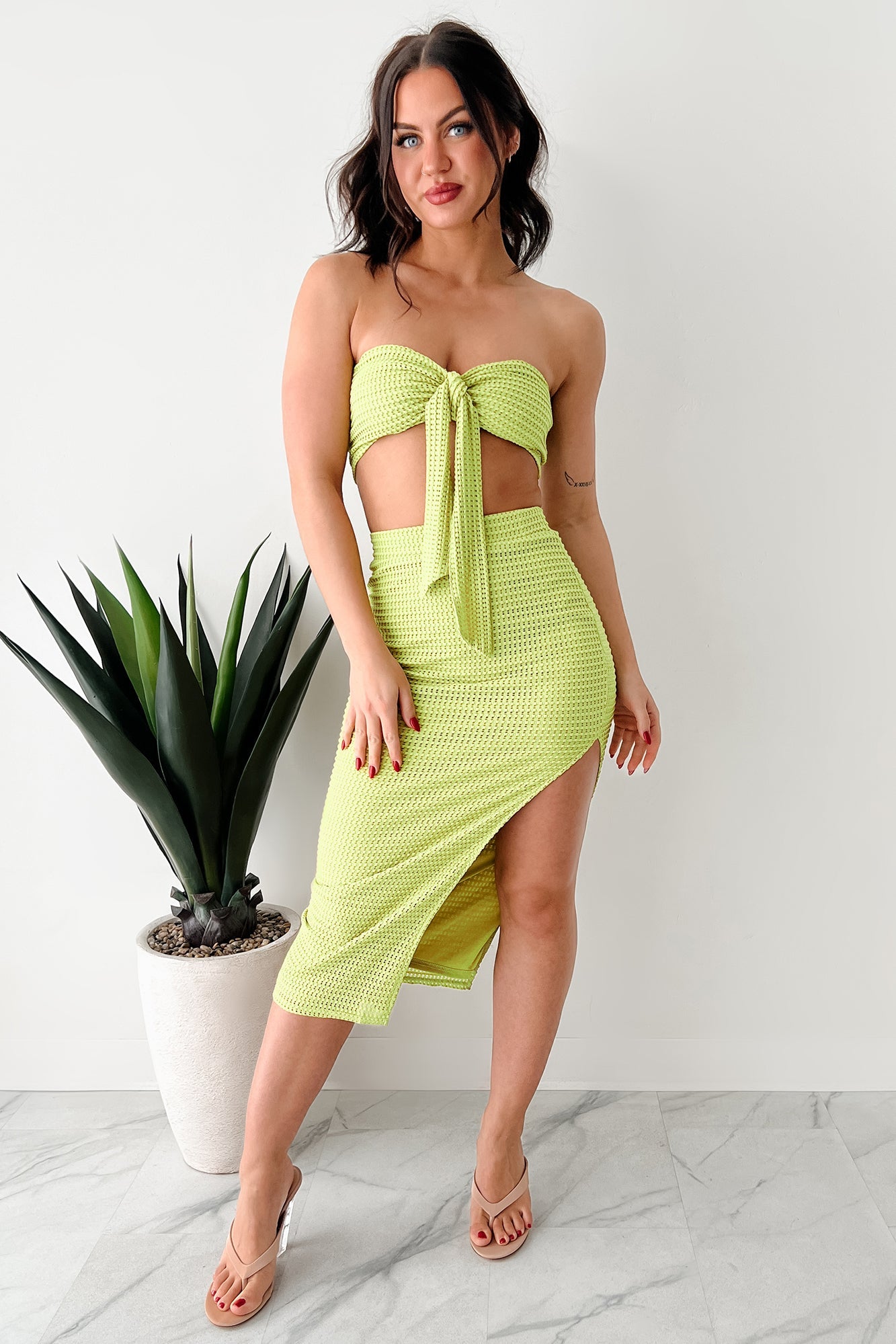 Flawlessly Loud Textured Knit Bandeau & Skirt Set (Kiwi)