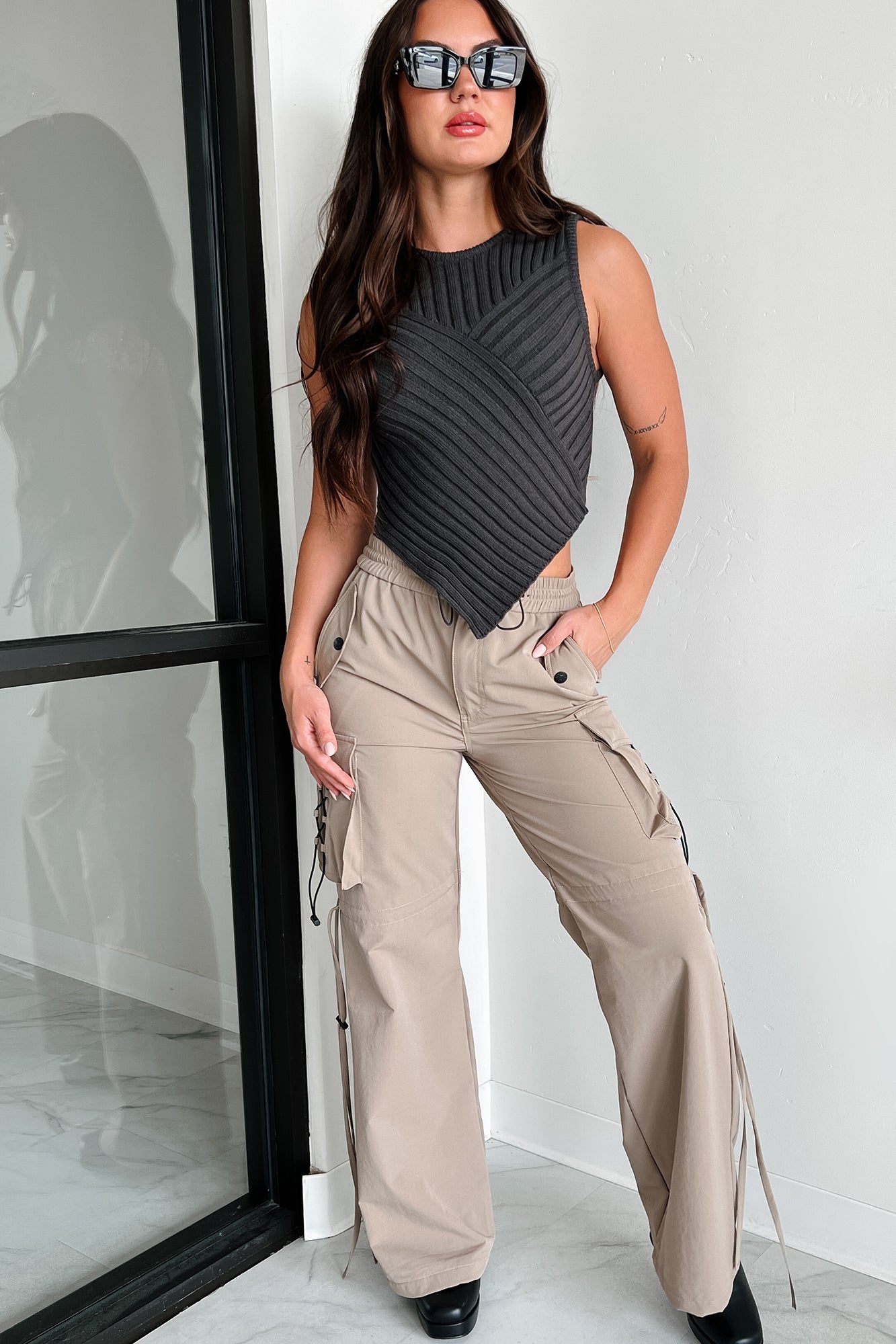Finding My Way Wide Leg Cargo Drawstring Pants (Khaki)