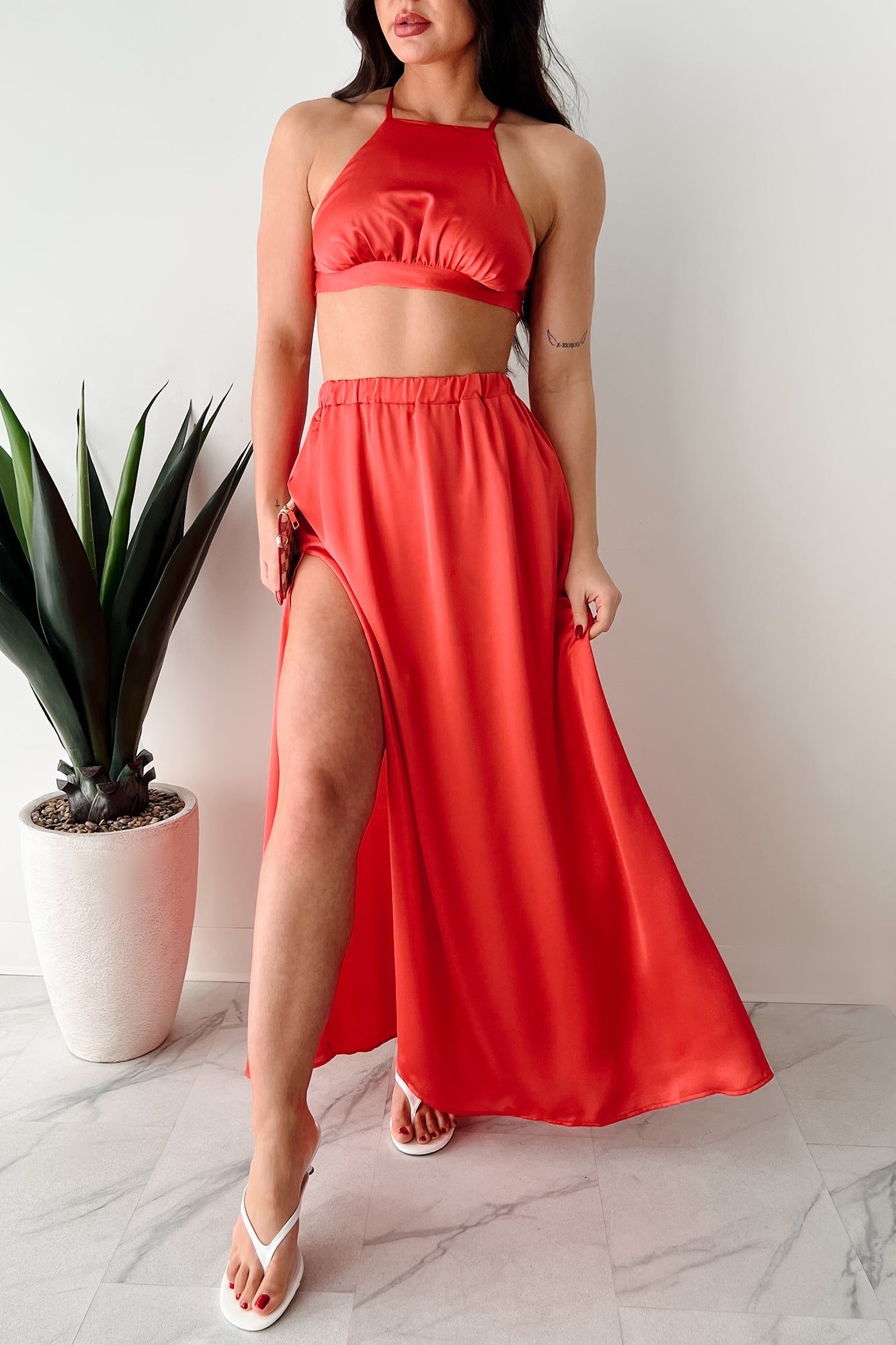 Sending Signals Halter Two Piece Maxi Set (Red Orange)