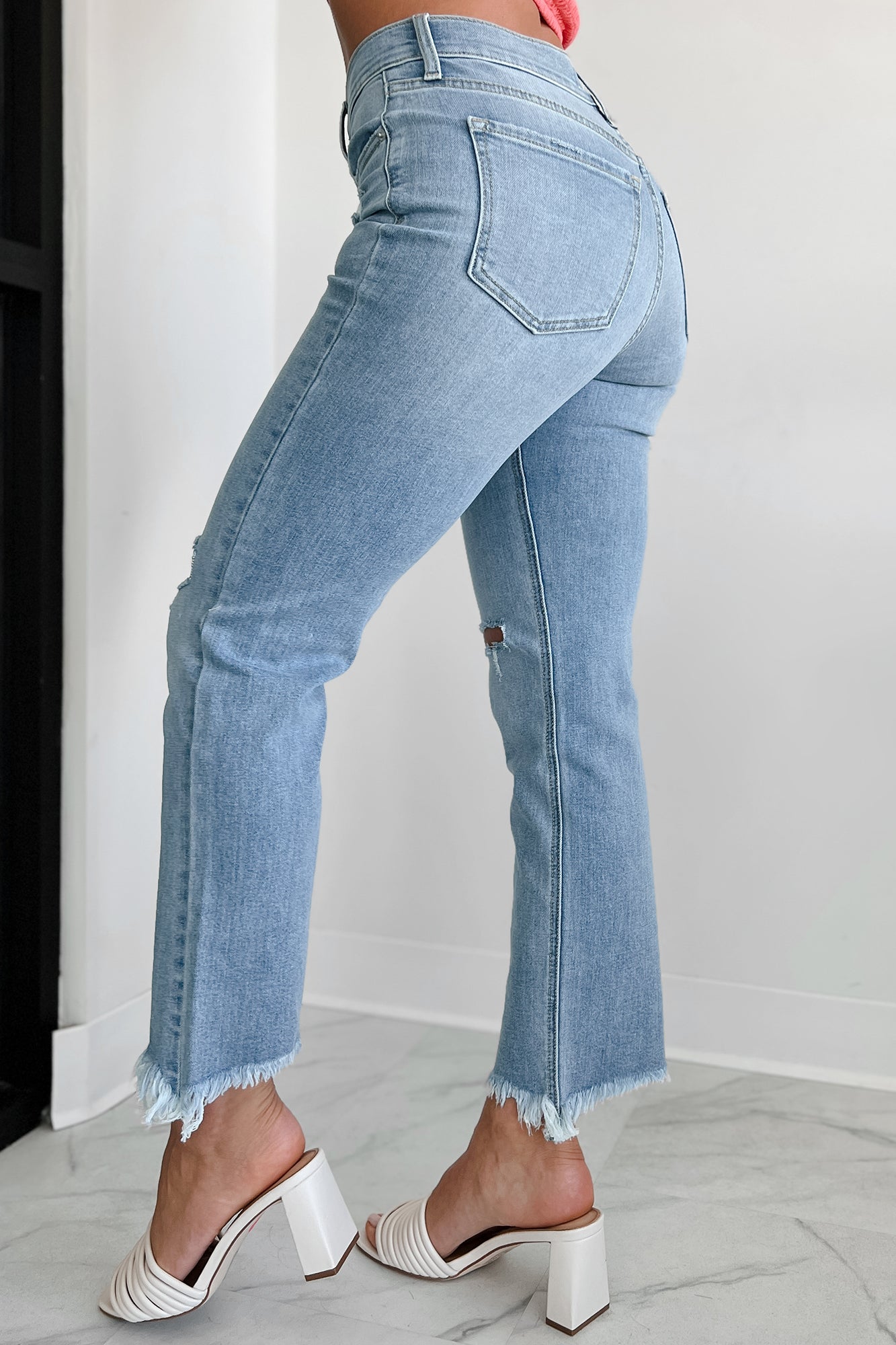 Effie High Rise Distressed Sneak Peek Straight Leg Jeans (Light)