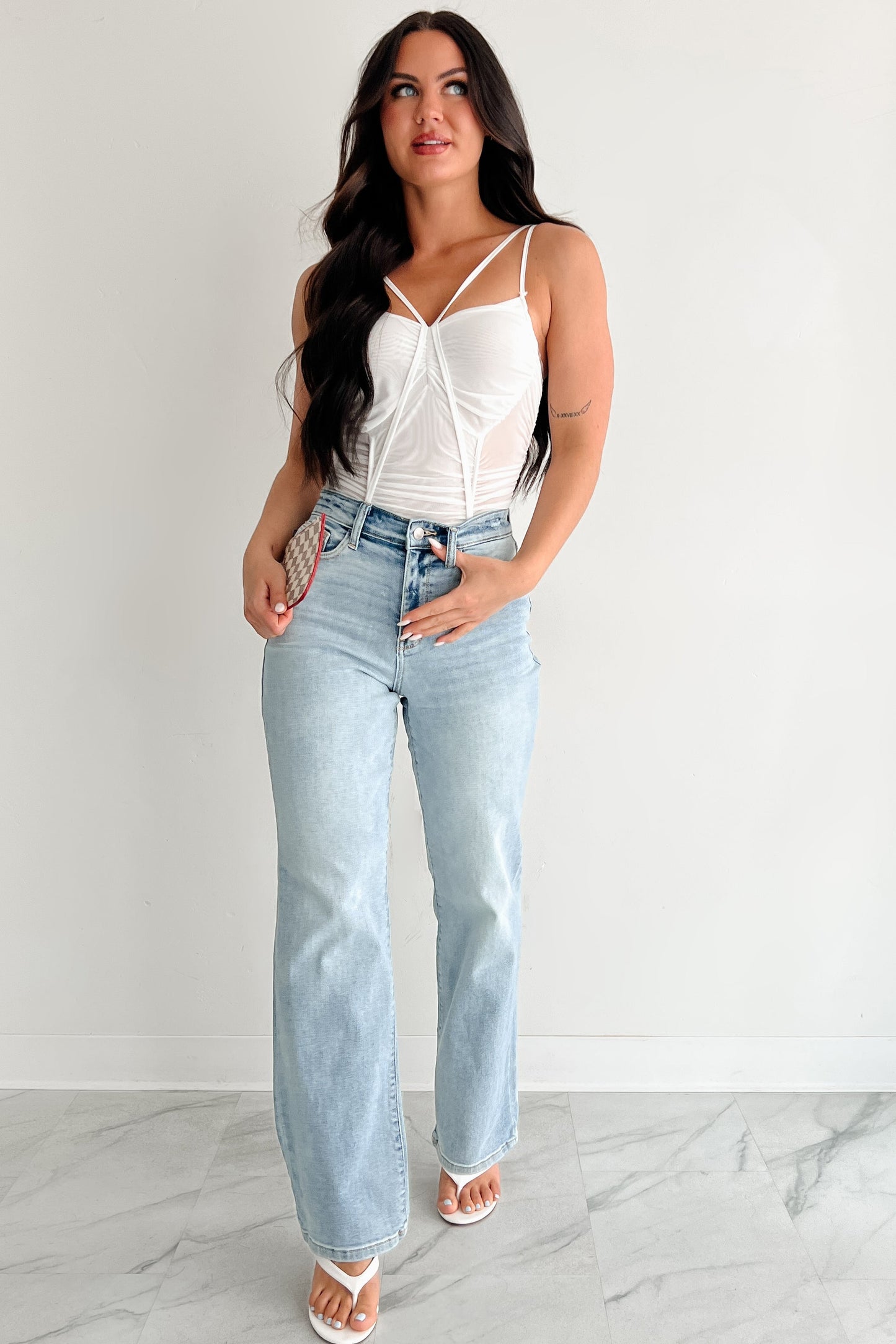 Wild & Weightless Ruched Mesh Bodysuit (White)
