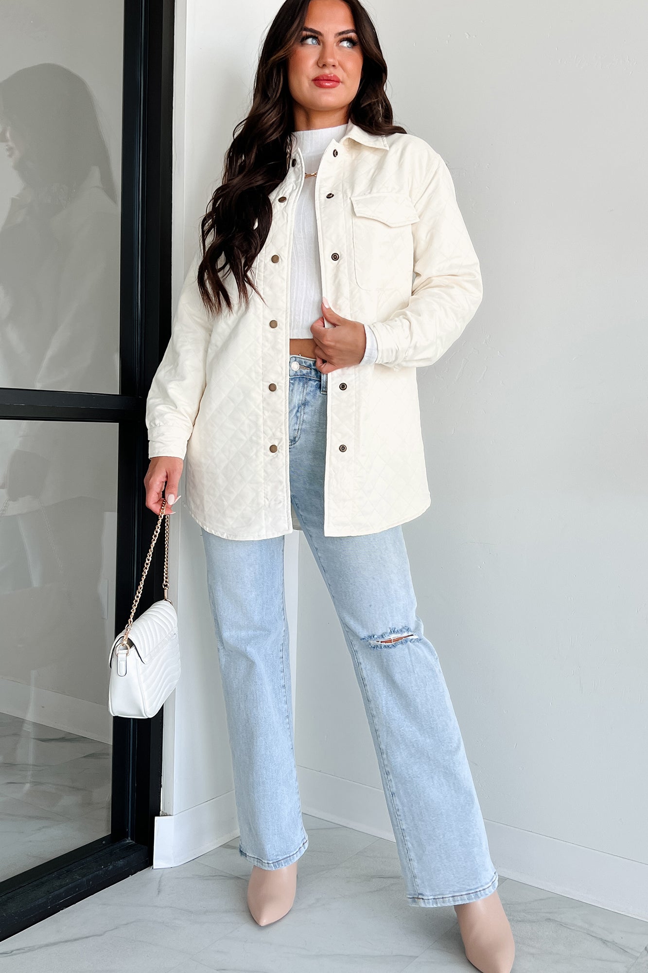 Elevated Composure Quilted Long Shacket (Cream)