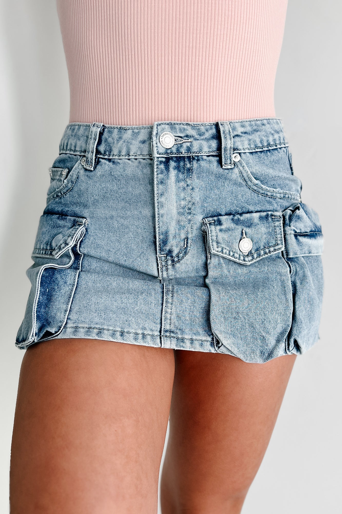 No Pep Talk Needed Denim Cargo Mini Skirt (Light Denim)