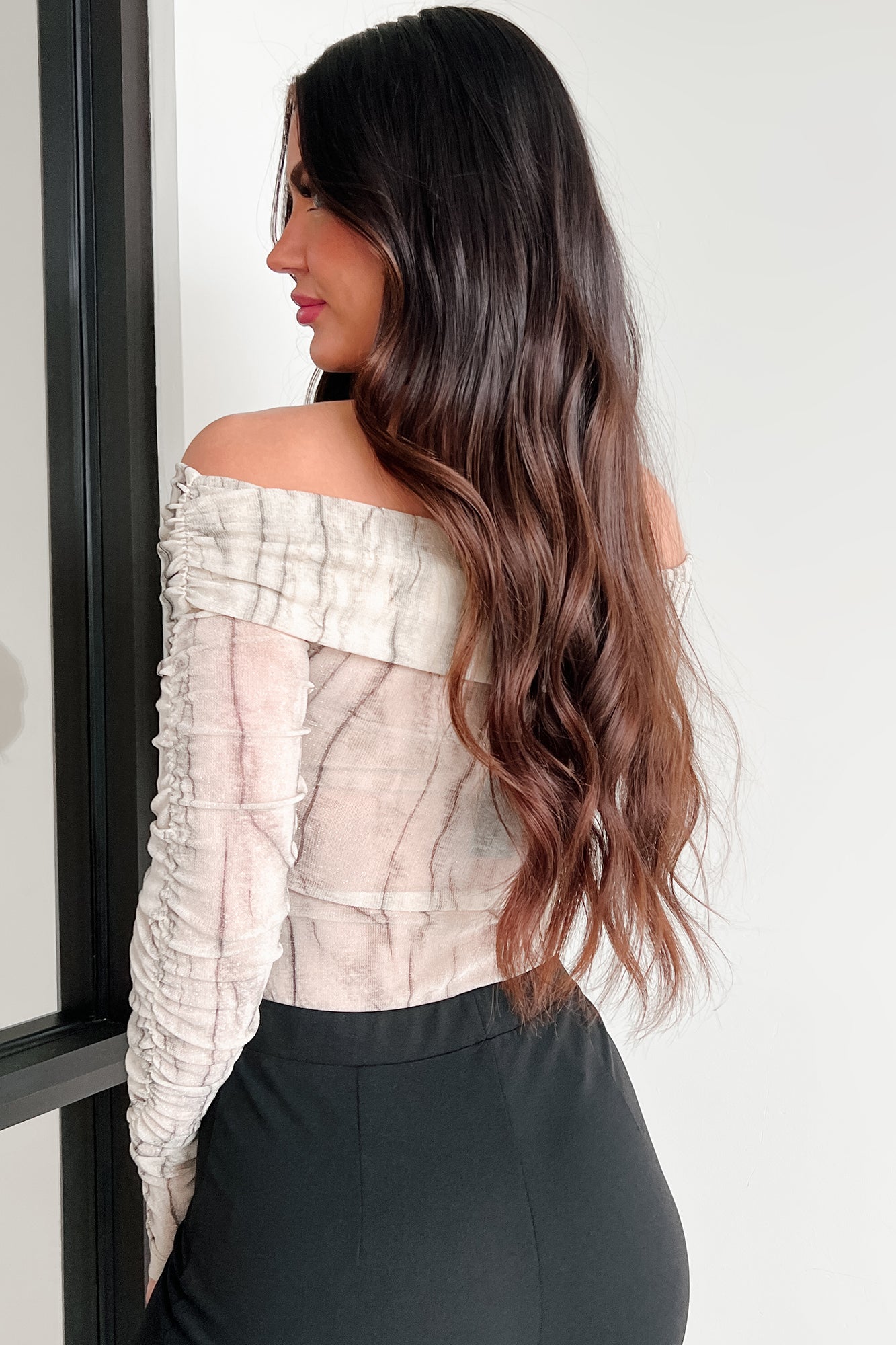 Adelina Off The Shoulder Marble Print Bodysuit (Light Taupe)