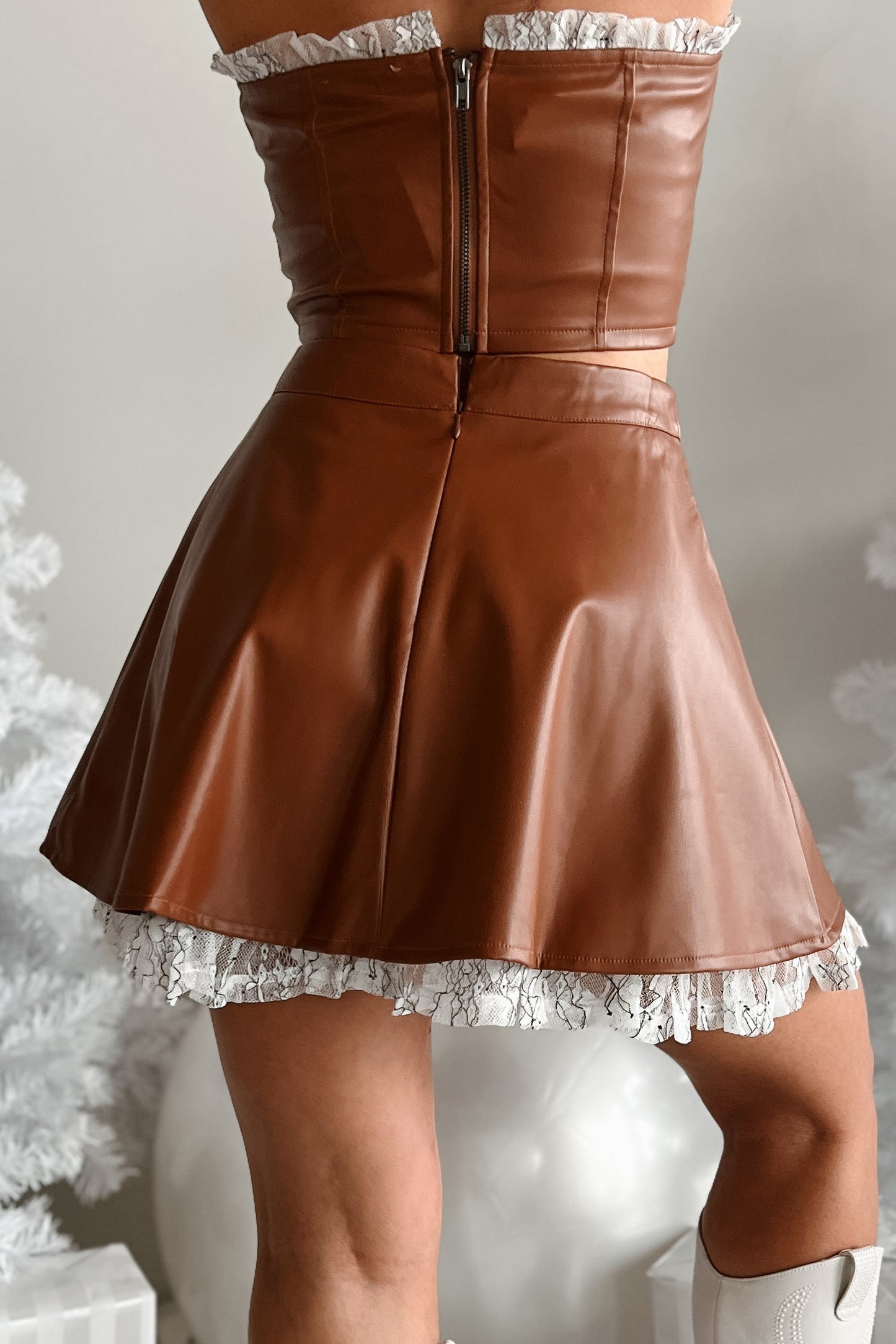 DOORBUSTER Always Flirty Ruffle Lace Faux Leather Skirt (Brown)
