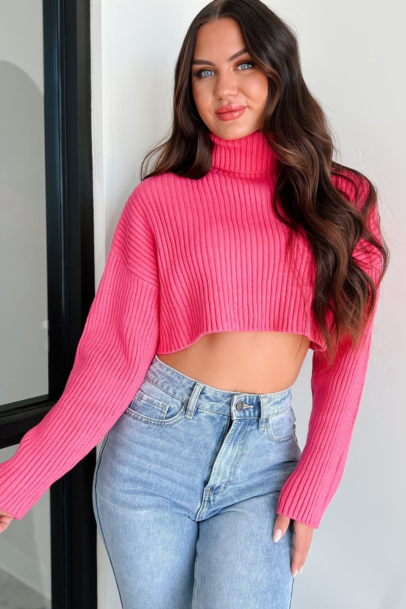 Pamela Turtleneck Crop Sweater (Super Pink)