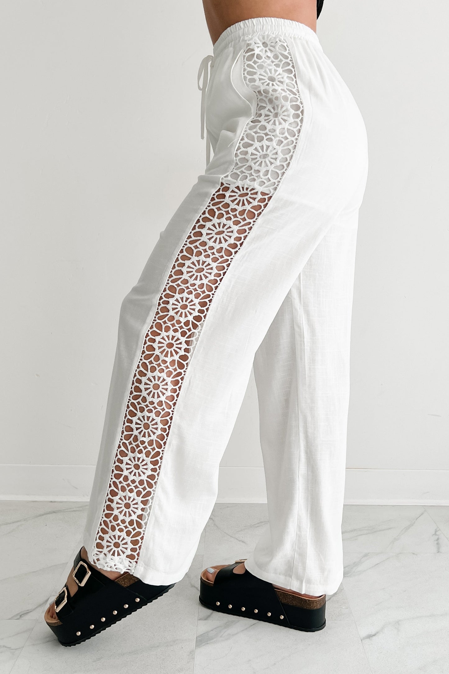 Gentle & Genuine Linen Crochet Wide Leg Pants (White)